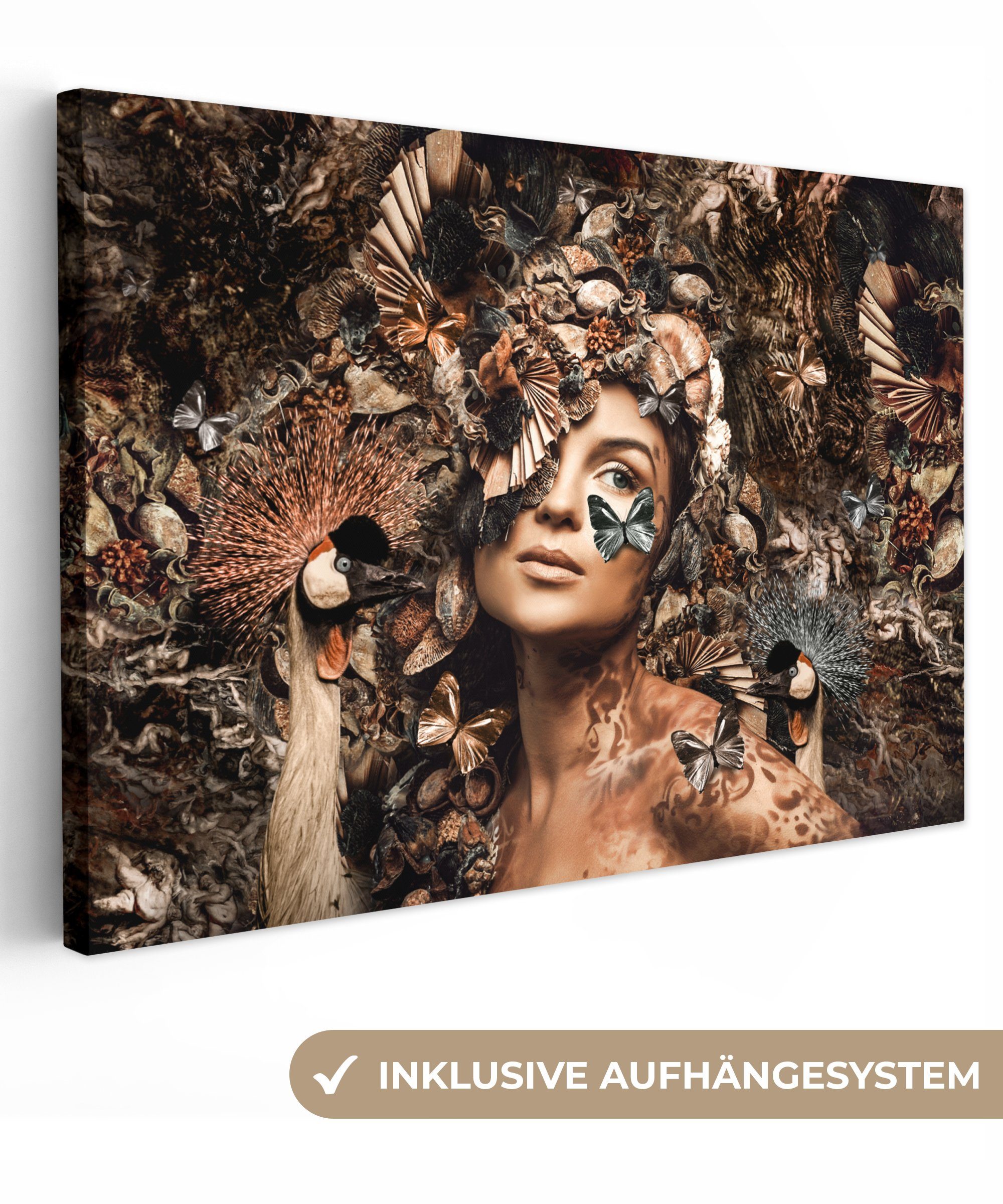 OneMillionCanvasses® Leinwandbild Luxus - Frau - Tiere - Schmetterlinge - Vögel, Fotodruck (1 St), Leinwand Bilder Klein, Wand Dekoration Aesthetic 30x20 cm