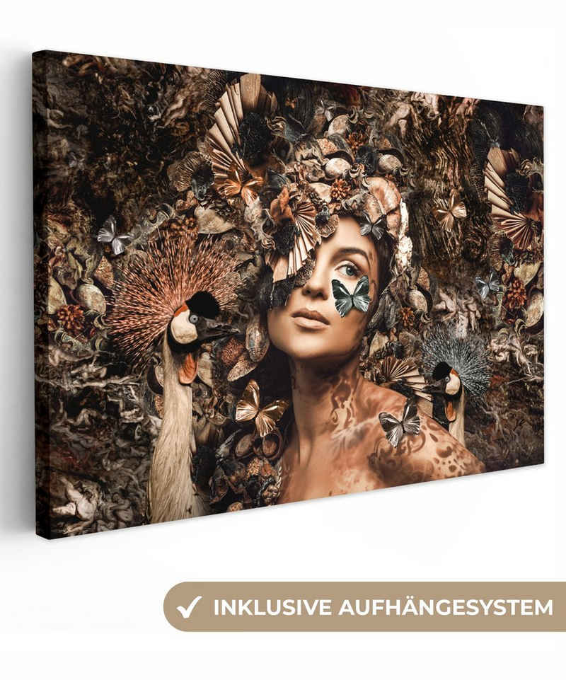 OneMillionCanvasses® Leinwandbild Luxus - Frau - Tiere - Schmetterlinge - Vögel, Frau - Tiere (1 St), Wandbild Leinwandbilder, Aufhängefertig, Wanddeko, 30x20 cm