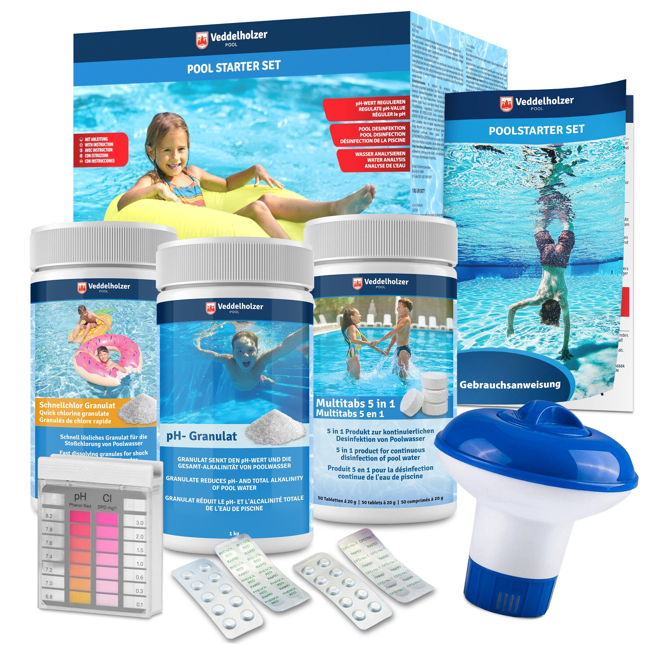 Veddelholzer Garten Poolpflege 5 in 1 Pool Reinigungsset pH Granulat Chlortabletten Skimmer