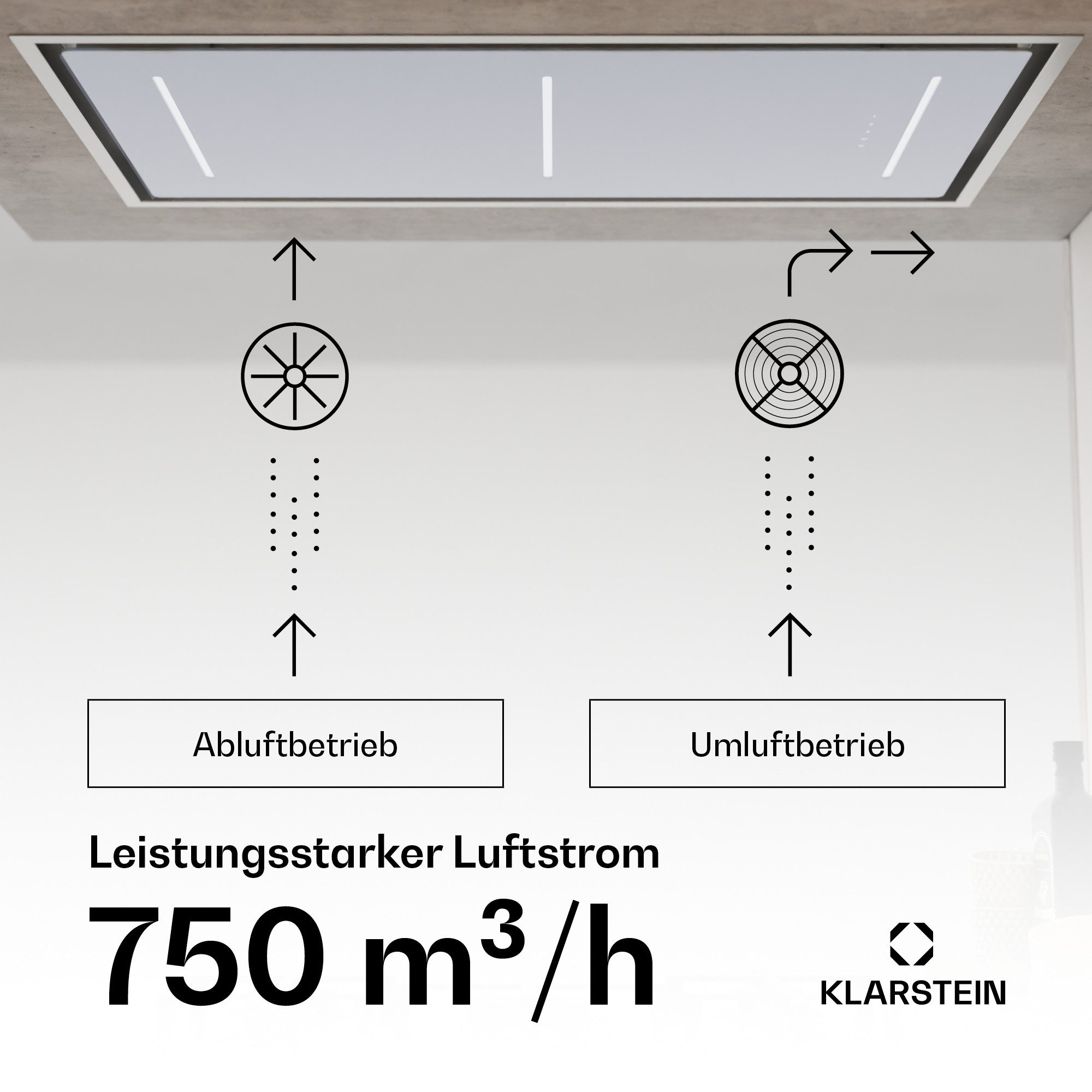 Klarstein Deckenhaube LuxeAir 110 Serie LuxeAir 110 Wandhaube 110 cm 750 m³/h 110W A WLAN Bluetooth Touch LED Schornsteinhaube Abzughaube Abluft Umluft mit App  – Bild 3 von 5