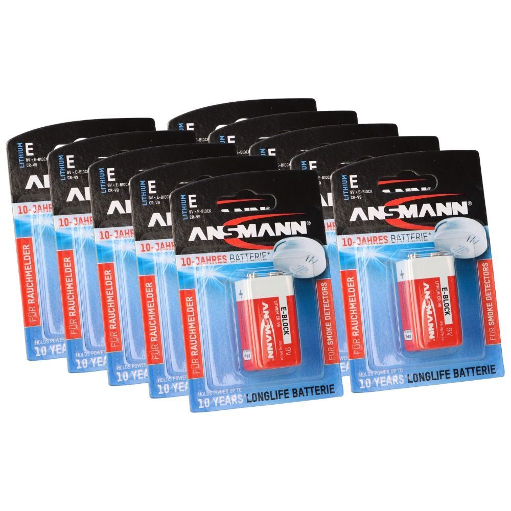 ANSMANN® 10x Ansmann Rauchmelder Batterie Extreme Lithium 9V Block Batterie