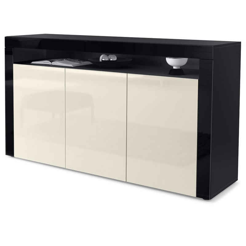 Vladon Sideboard Valencia (Sideboard, mit 3 Türen und 1 offenem Fach), Schwarz matt/Creme Hochglanz/Schwarz Hochglanz (155 x 92 x 40 cm)