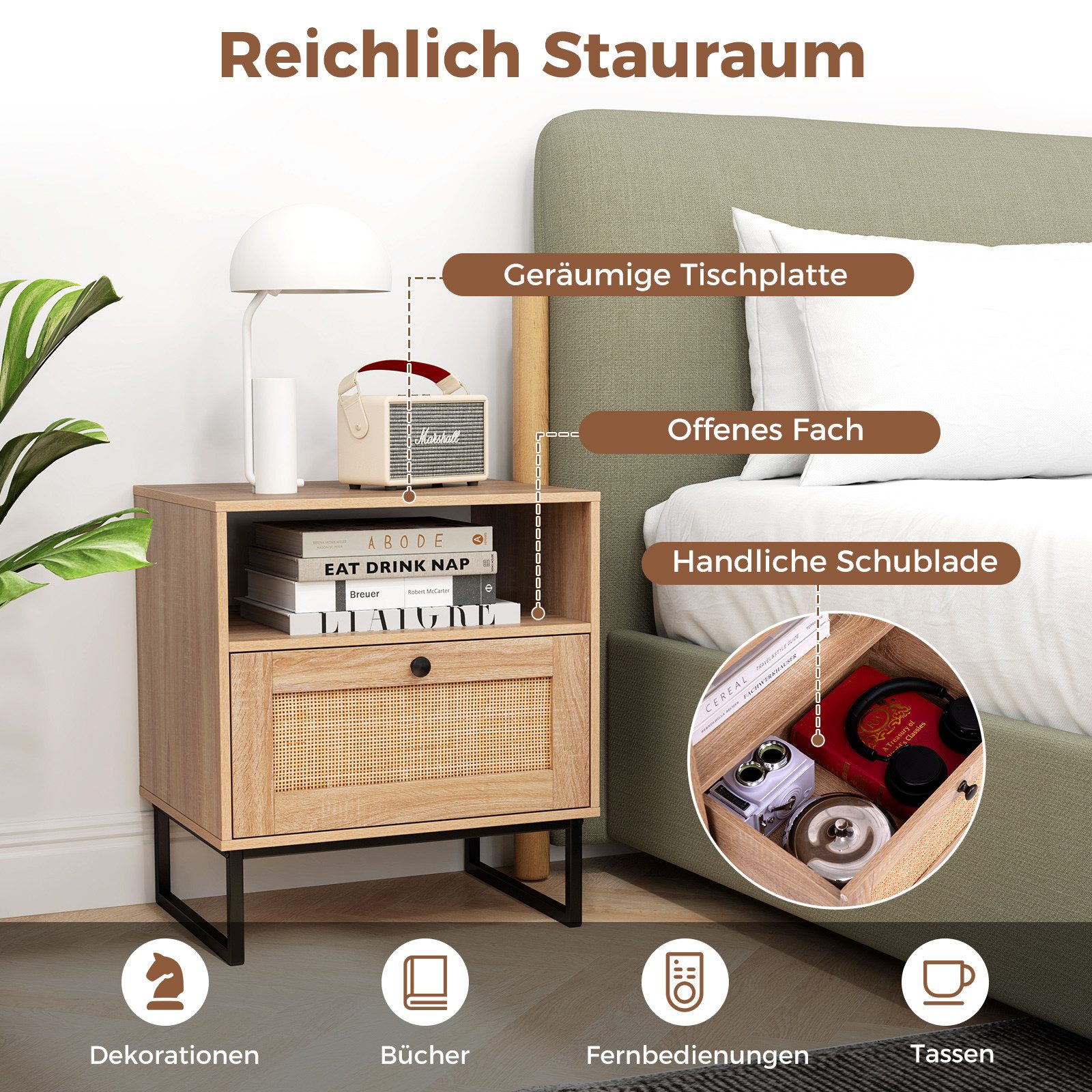 KOMFOTTEU Nachttisch, Nachtschrank mit Rattan-Schublade & günstig online kaufen