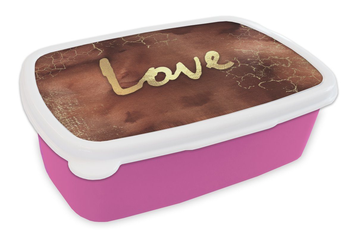 MuchoWow Lunchbox Zitat - Liebe - Braun - Gold, Kunststoff, (2-tlg), Brotbox für Erwachsene, Brotdose Kinder, Snackbox, Mädchen, Kunststoff rosa