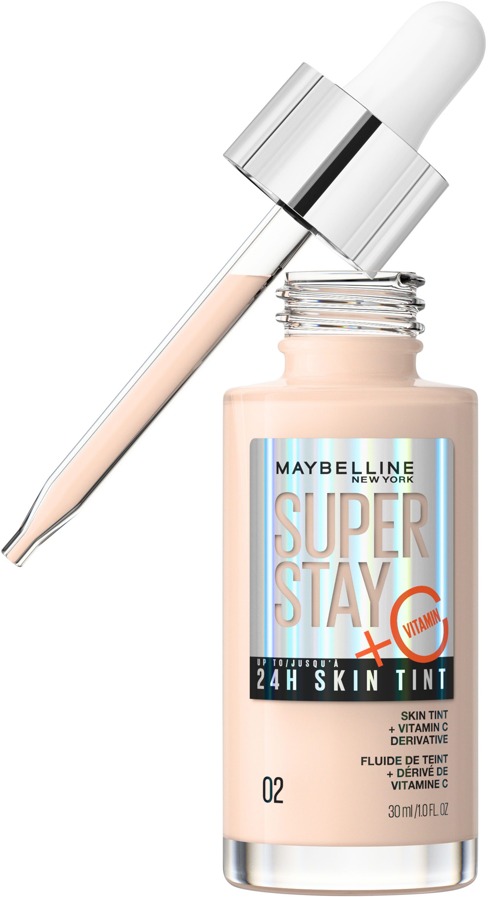 MAYBELLINE NEW YORK Foundation SUPER STAY 24H SKIN TINT MIT VITAMIN C, bietet dank hautähnlicher Pigmente eine leichte bis mittlere Deckkraft
