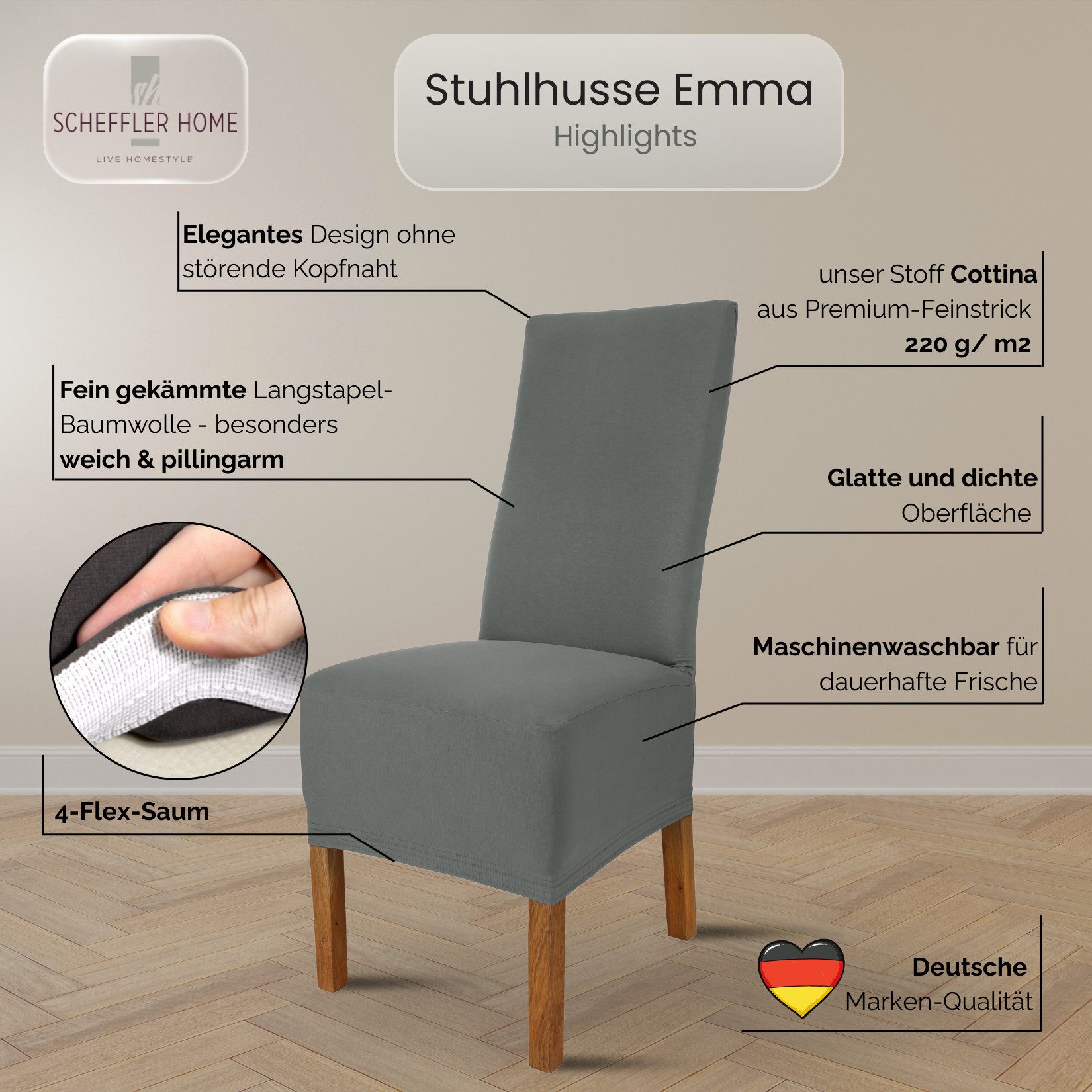 sh SCHEFFLER-HOME LIVE HOMESTYLE Stuhlhusse Moderner Stuhlbezug "Emma" aus elastischer Baumwolle Cottina, abnehmbarer & waschbarer Spannbezug für Stühle