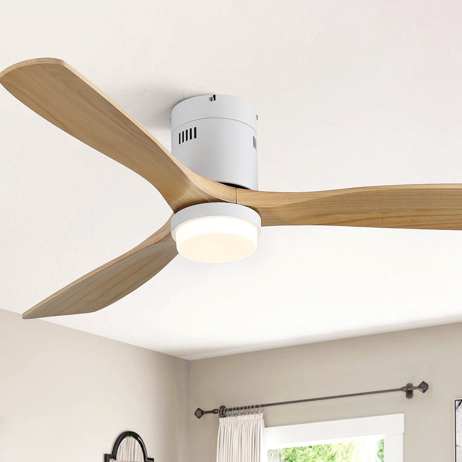 Sofucor Deckenventilator mit LED-Beleuchtung und Fernbedienung, 3 Holzlüfterblätter, DC, 132 cm, Timer, Sommer Winterbetrieb