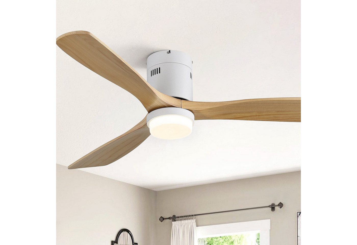 Sofucor Deckenventilator mit LED-Beleuchtung und Fernbedienung, 3 Holzlüfterblätter, DC, 132 cm, Timer, Sommer Winterbetrieb
