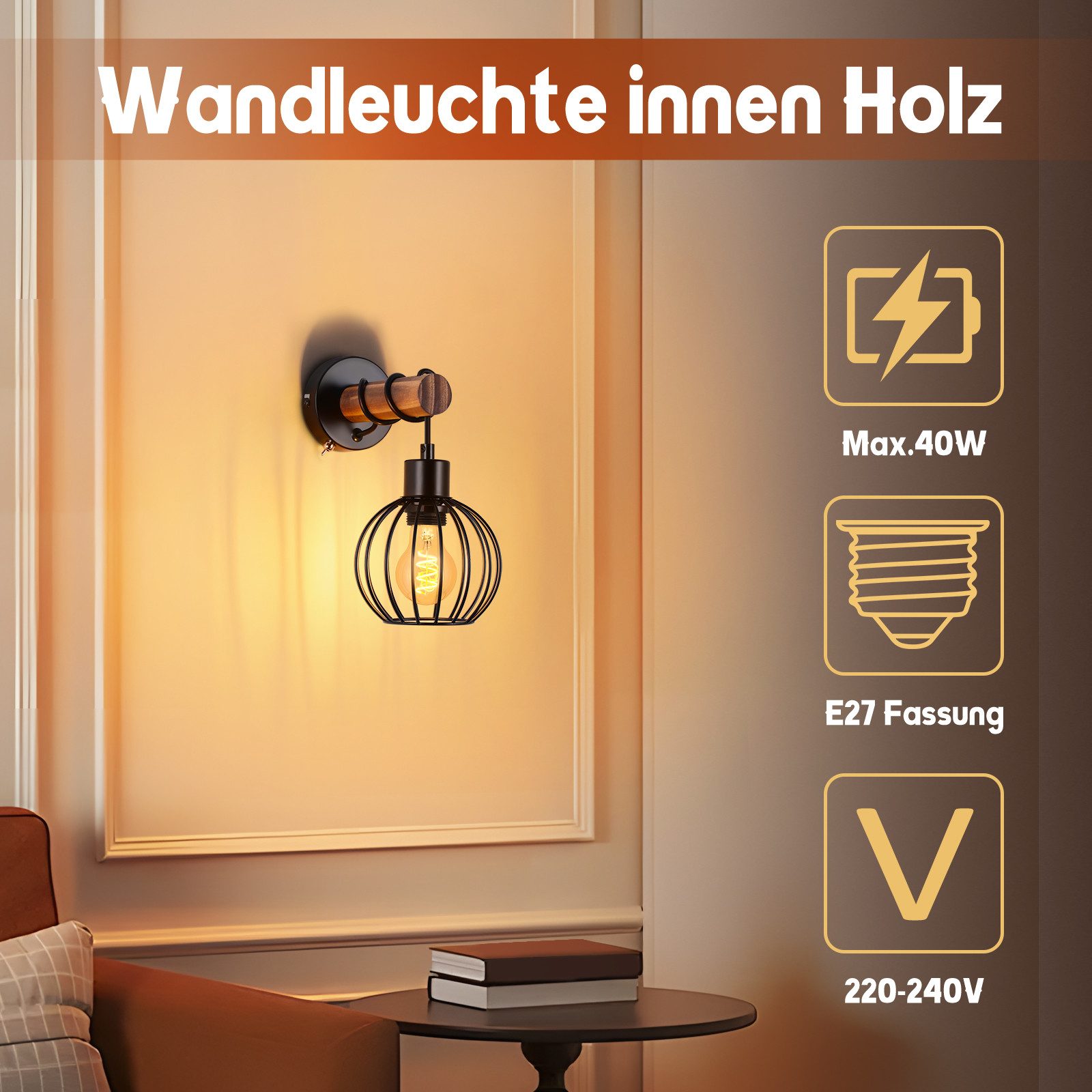 Nettlife Wandleuchte Holz Innen Wandlampe Vintage mit Schalter, mit Schalte günstig online kaufen