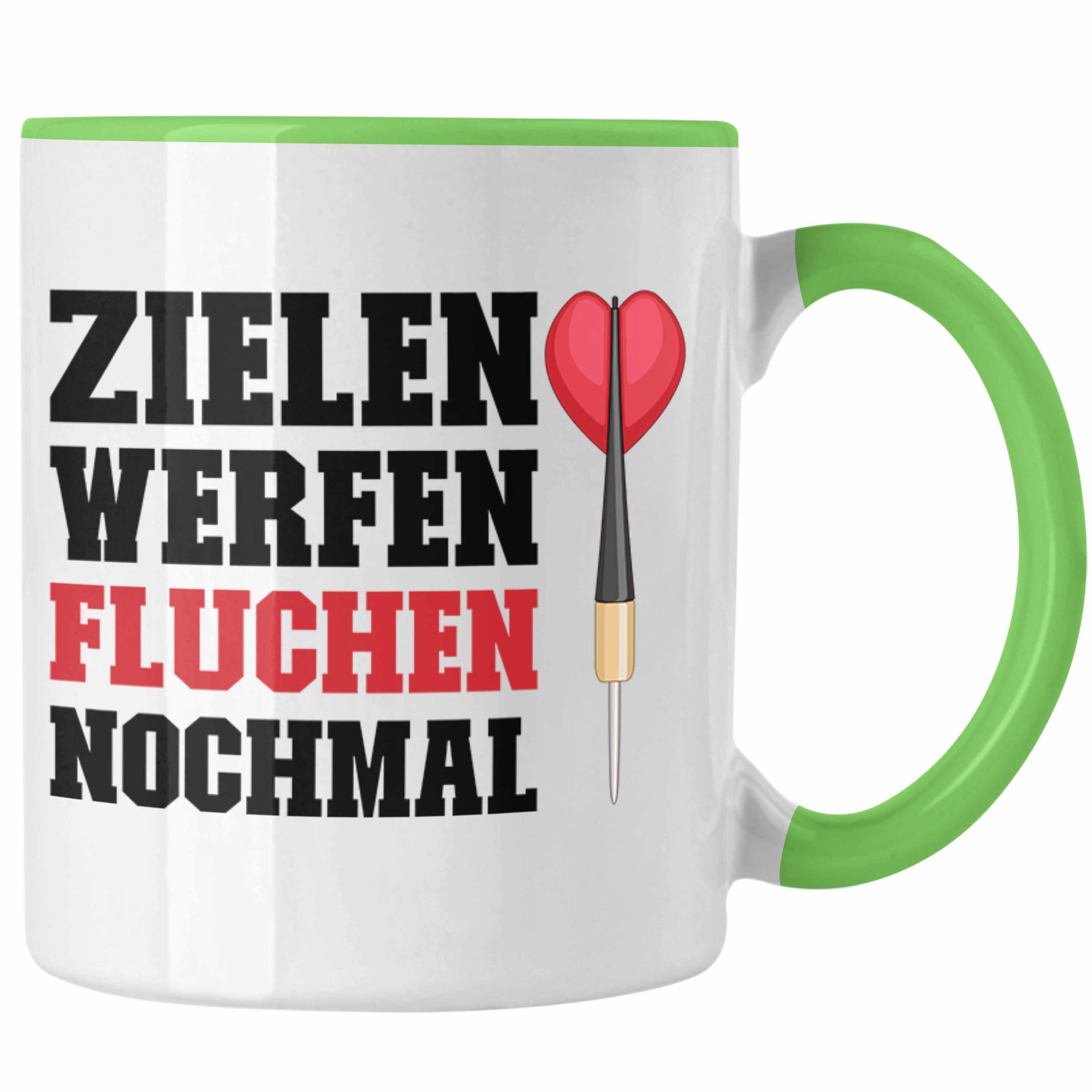 Trendation Tasse Trendation - Dart Tasse Dartpfeil Zielen Werfen Fluchen Nochmal Spruch Männer Dart-Spieler Geschenkidee Grün