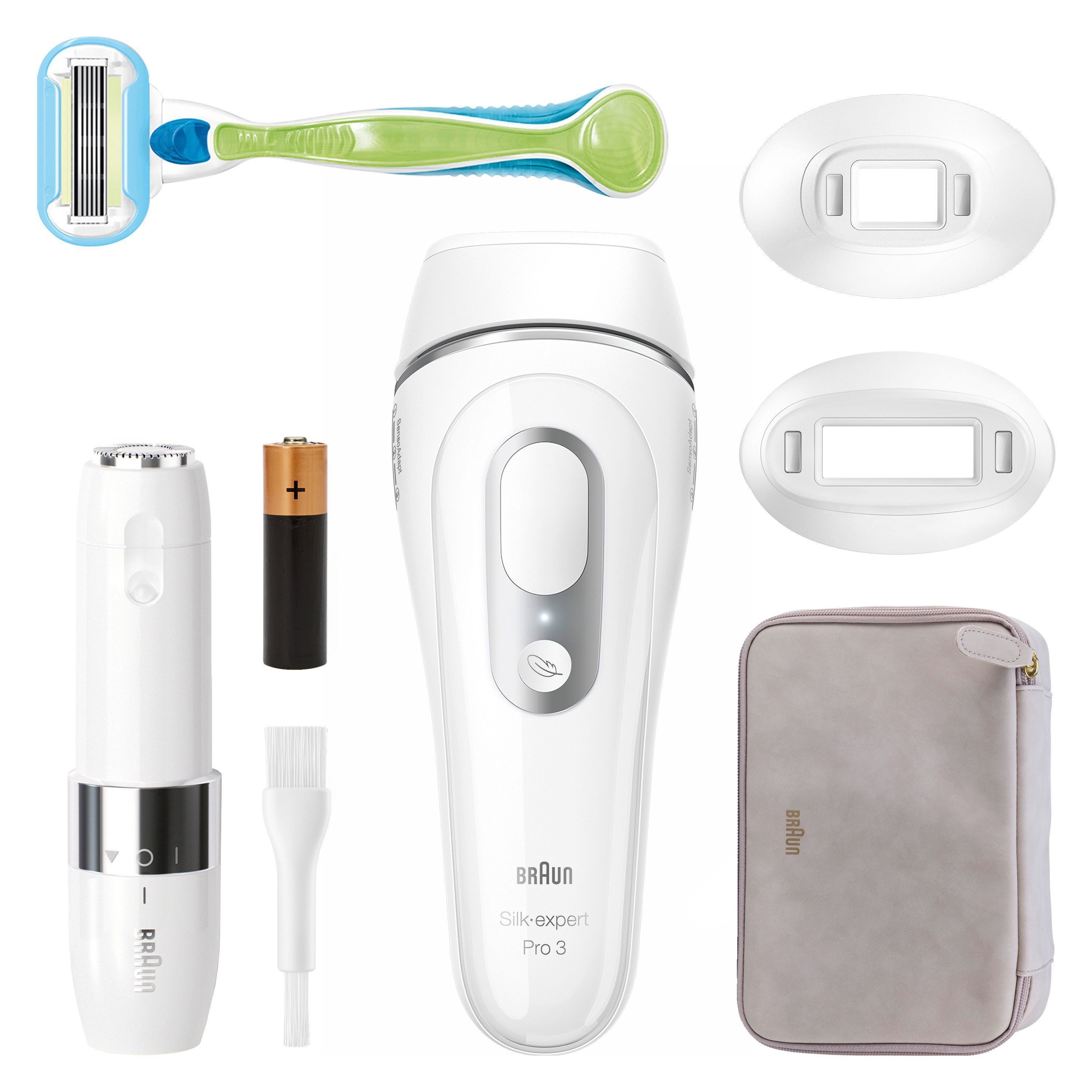 Braun IPL-Haarentferner Silk·expert Pro 3 PL3136, pro Minute bis zu 100 Lichtimpulse, 2 Aufsätze, Venus Rasierer, mit Aufbewahrungstasche