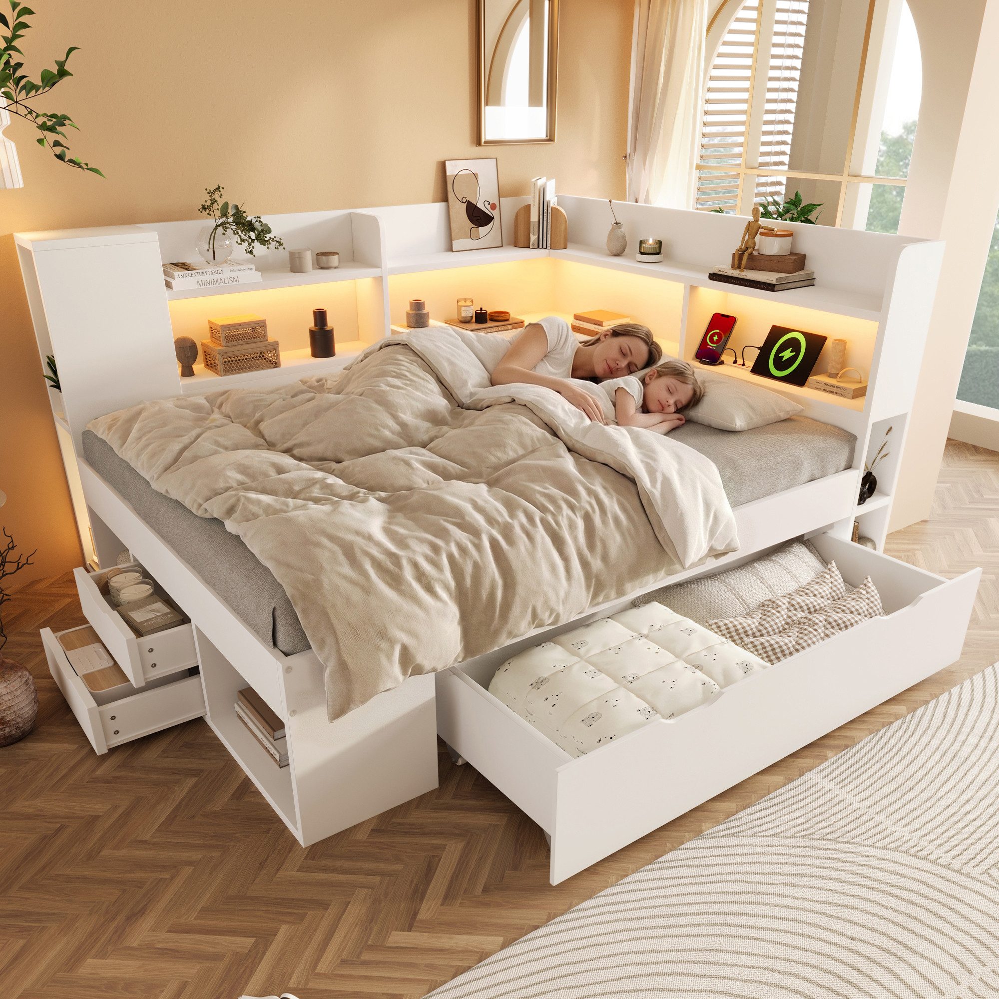 Ulife Funktionsbett 140x200 cm Weiß Tagesbett mit LED, USB & Typ-C, Stauraum Regalen (1 tlg), App-gesteuerte LED-Lampe