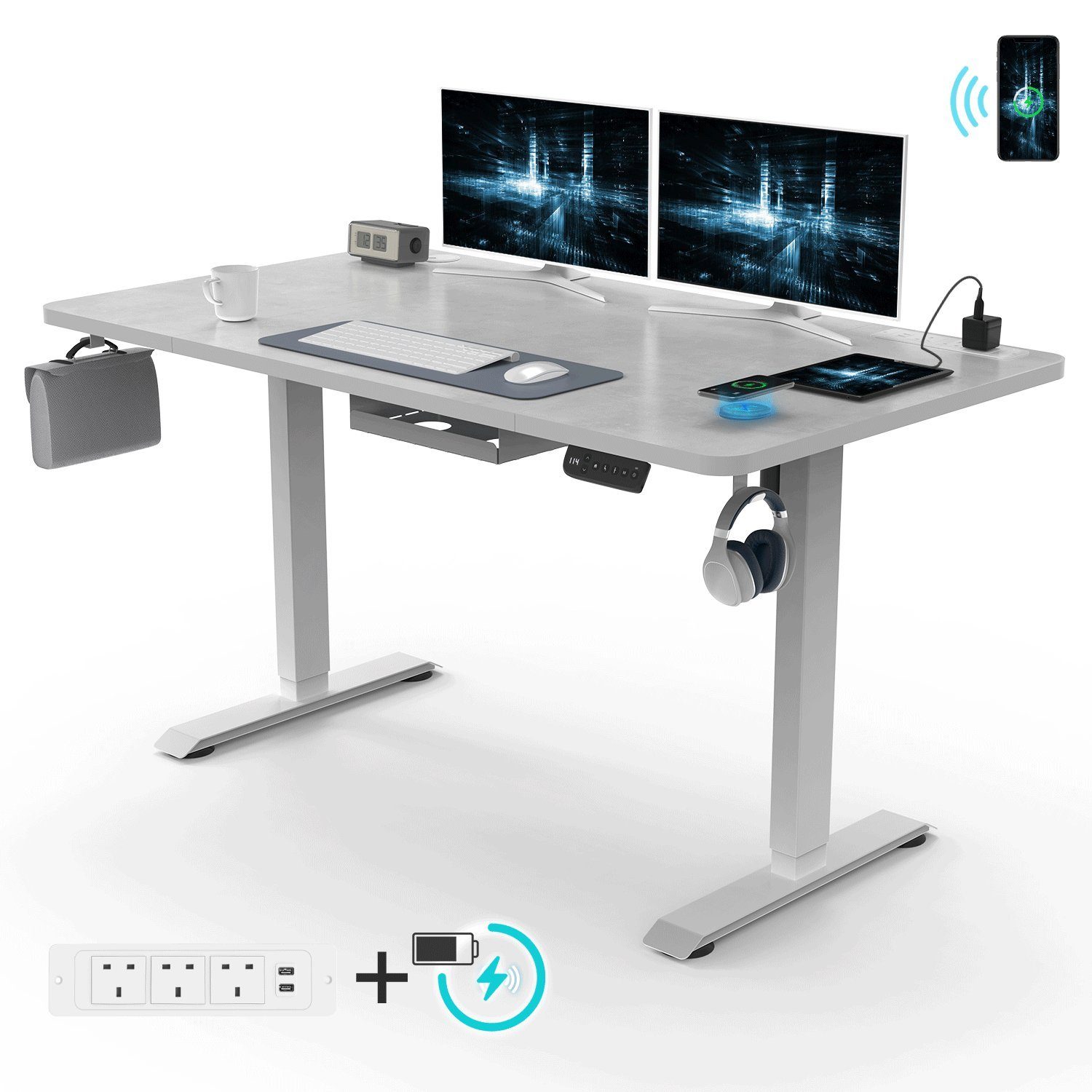 HOMALL Schreibtisch Schreibtisch mit USB Steckdose und Kabelloses Ladepad Weiß