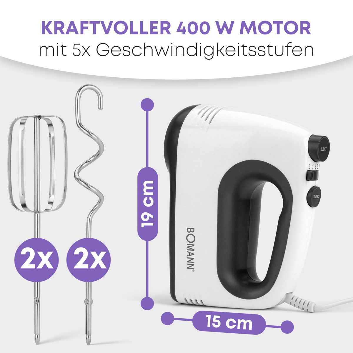 BOMANN Handmixer HM 6054 CB, mit kraftvollen 400 Watt-Motor, 5 Stufen