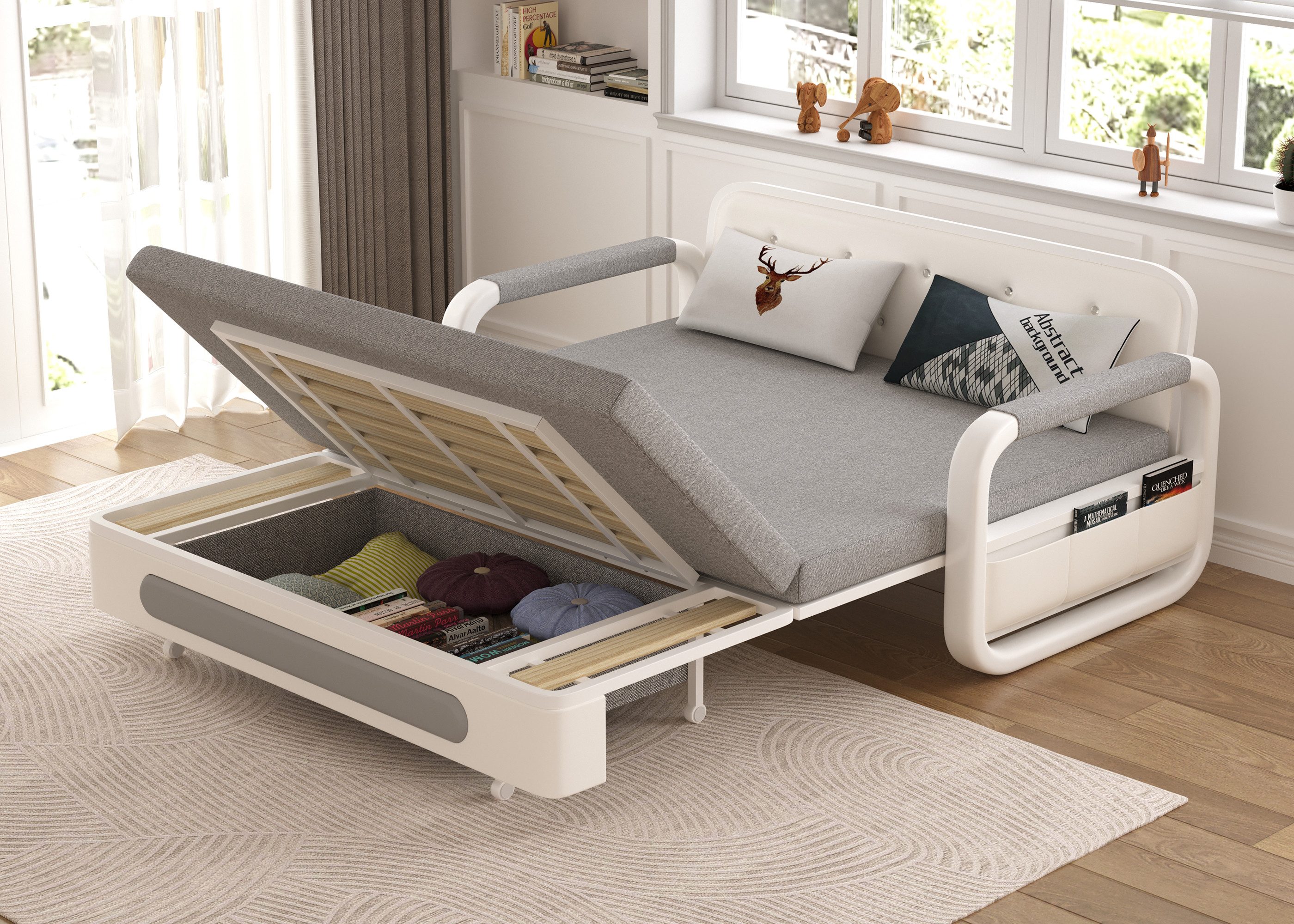 oleyluckidea Schlafsofa Ausziehbares Schlafcouch mit Stauraum für kleine Räume,Weiß, Zum Bett umwandelbar, Verfügbare Größen: 128 cm und 150 cm, sofabett