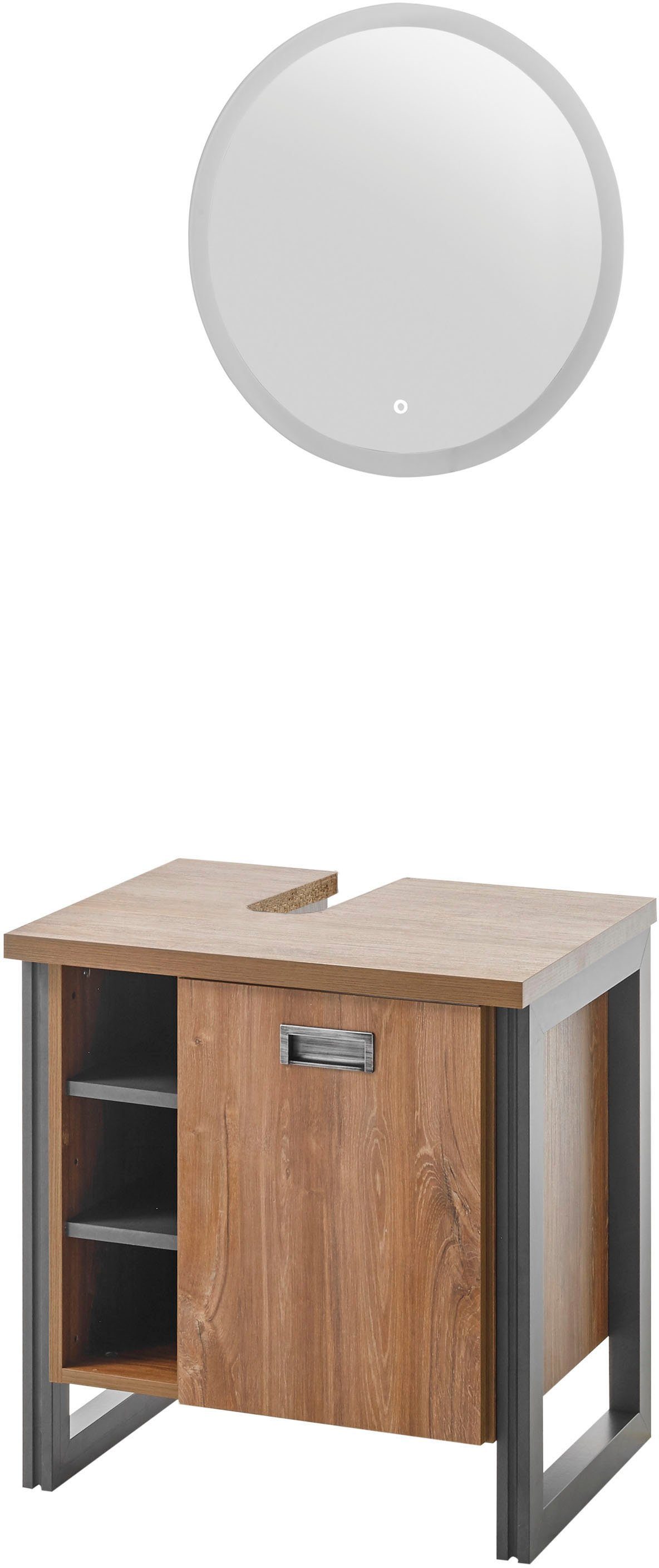 Home affaire Badmöbel-Set Detroit, Bad im Industrialdesign, inkl. LED, 2-teiliges Badezimmer, (2-St), Unterschrank mit offenen Fächern & Stauraum, holzfarben, Rundspiegel