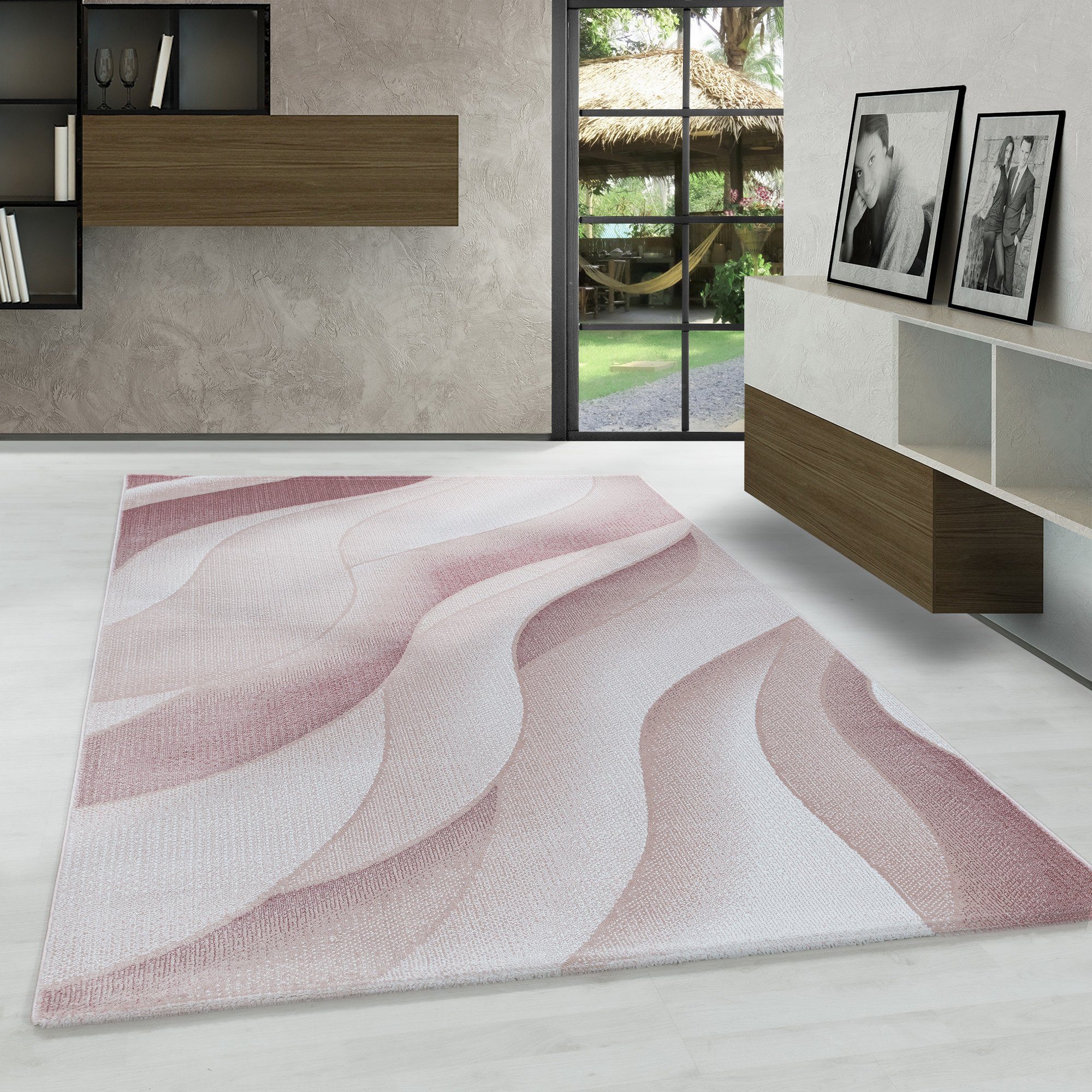 Teppich mm, Läufer, Rosa Wohnzimmer Kurzflor Wellen Designteppich Design, Wellen 9 Teppich Carpetsale24, Teppich Design Höhe:
