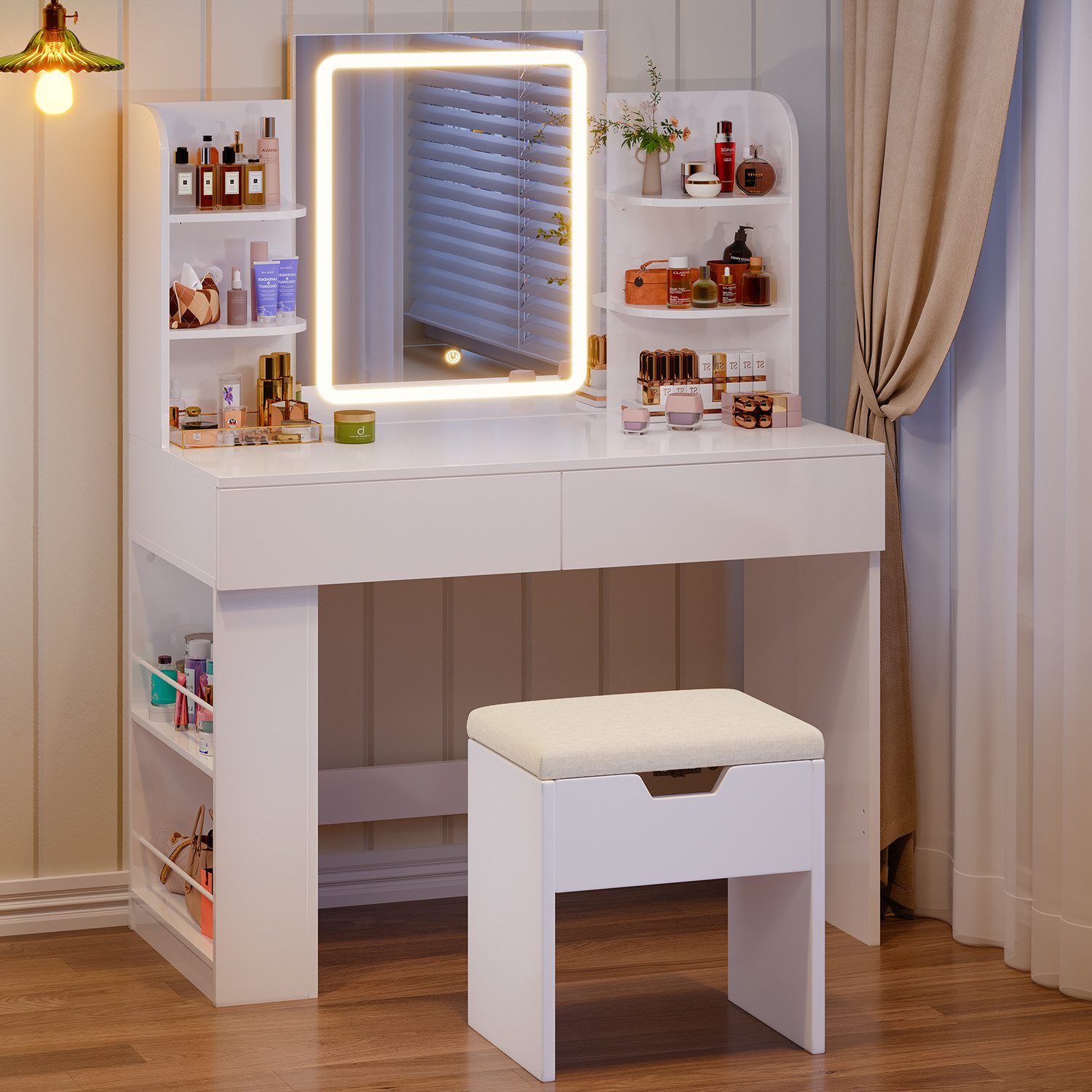 HOMALL Schminktisch mit Spiegel, LED-Beleuchtung, einstellbare Helligkeit, ostern (Länge × Breite × Höhe) 90/110 × 40 × 135 cm, 8 offene Fächer (2 seitliche Fächer sind nach links und rechts verschiebbar), 2 große Schubladen – Ostergeschenk)