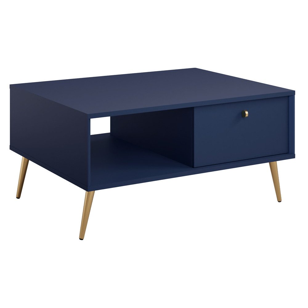 Lomadox Couchtisch RIPLEY-166, 87 cm, blau, Füße und Griffe goldfarben, 1 Klappe