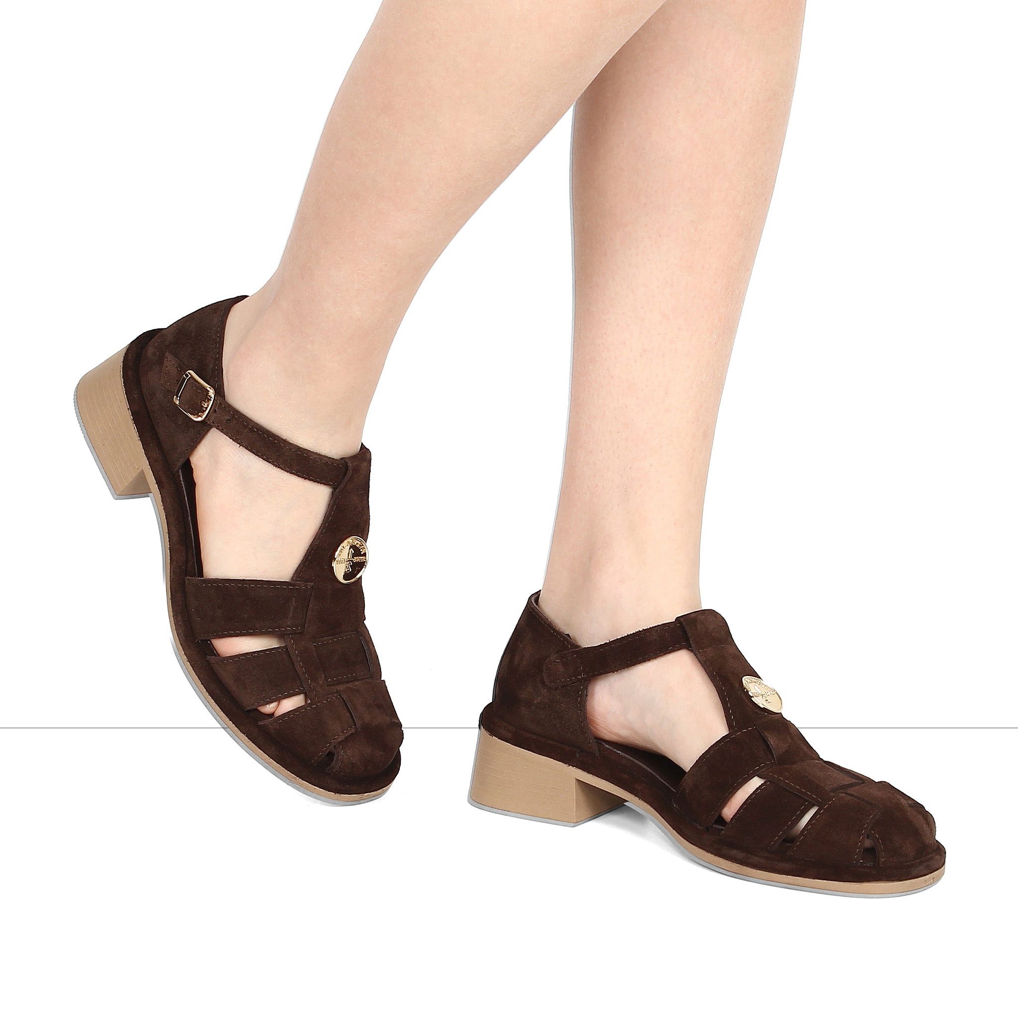 Celal Gültekin T-Strap Blockabsatz Knöchelriemen Retro Boho Damen Riemchensandalette Veloursleder, Echtleder-Futter & Decksohle, Braun, 39