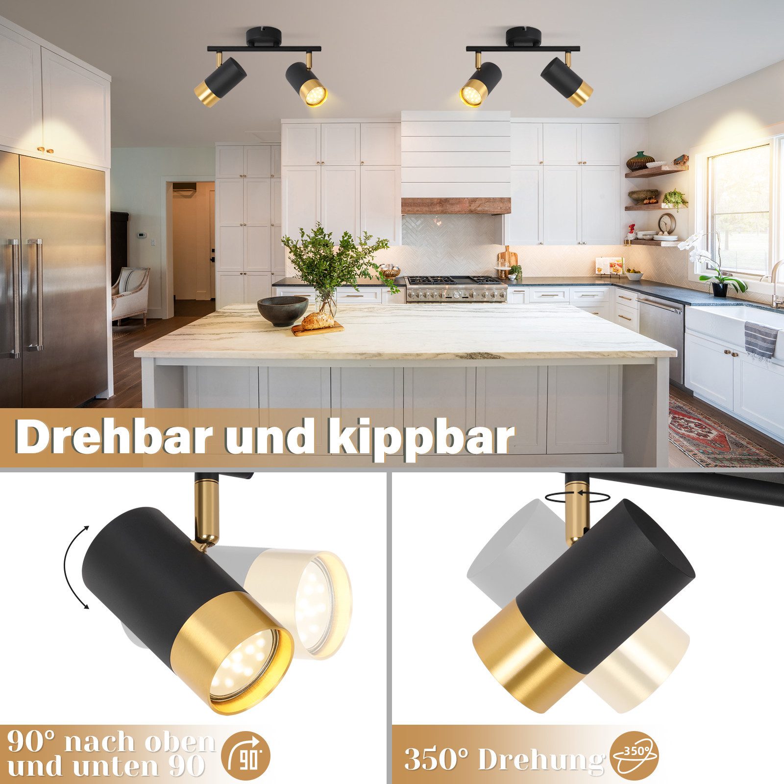 ZMH Deckenstrahler 2/3/4 Flammig-GU10 Schwarz-Gold Modern Deckenlampe für Wohnzimmer, Einfache Installation, ohne Leuchtmittel