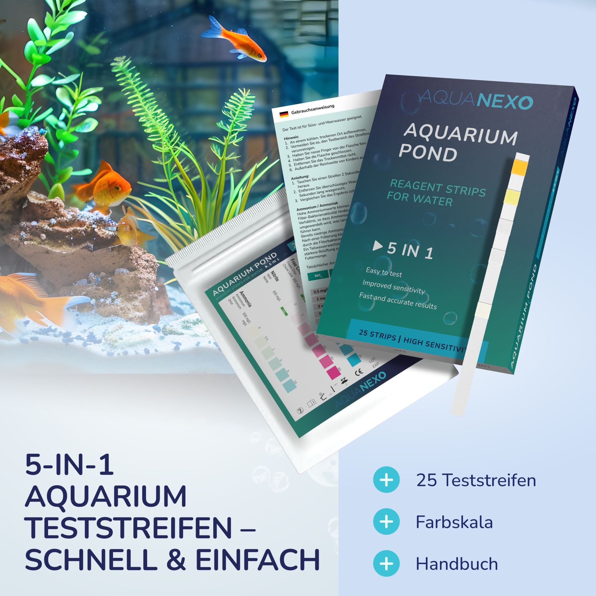 AquaNexo Aquarium-Wassertest Aquanexo 5in1 Aquarium Teststreifen – Wassertest, 25 Stück, Schnelltest für Zuhause