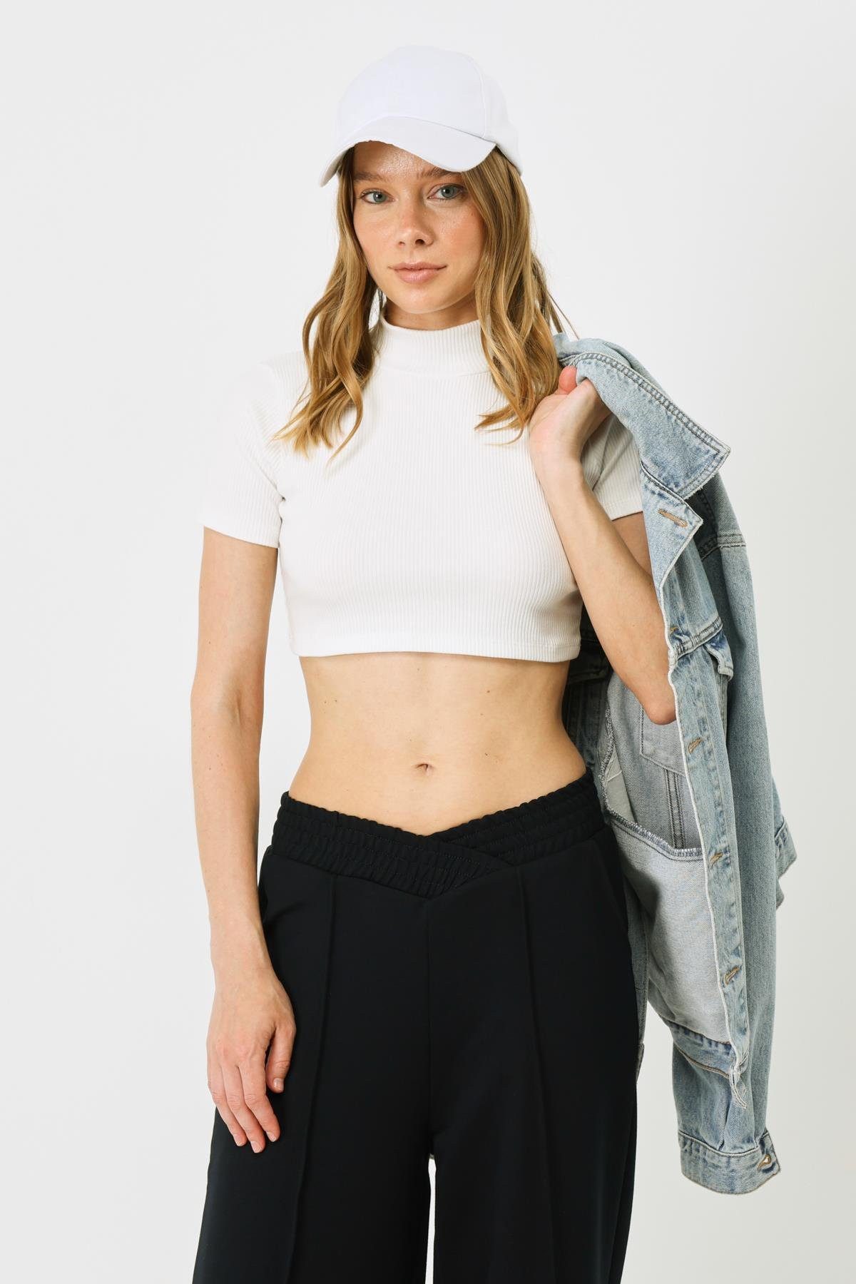 Blusenbody Damen Kurzarm Crop Rippbluse