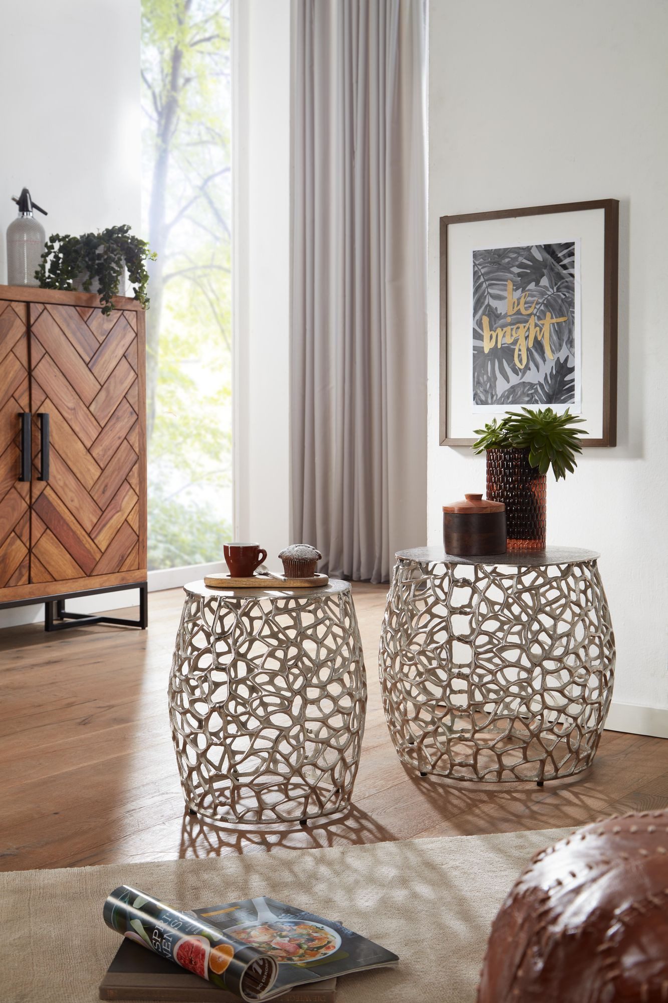 FINEBUY Satztisch FB41303 Beistelltisch 2er Set Metall Rund Wohnzimmertisch Couchtisch (Wohnzimmertisch Ast-Struktur, Couchtisch Modern), Beistelltisch 2er Set Aluminium Silber Rund