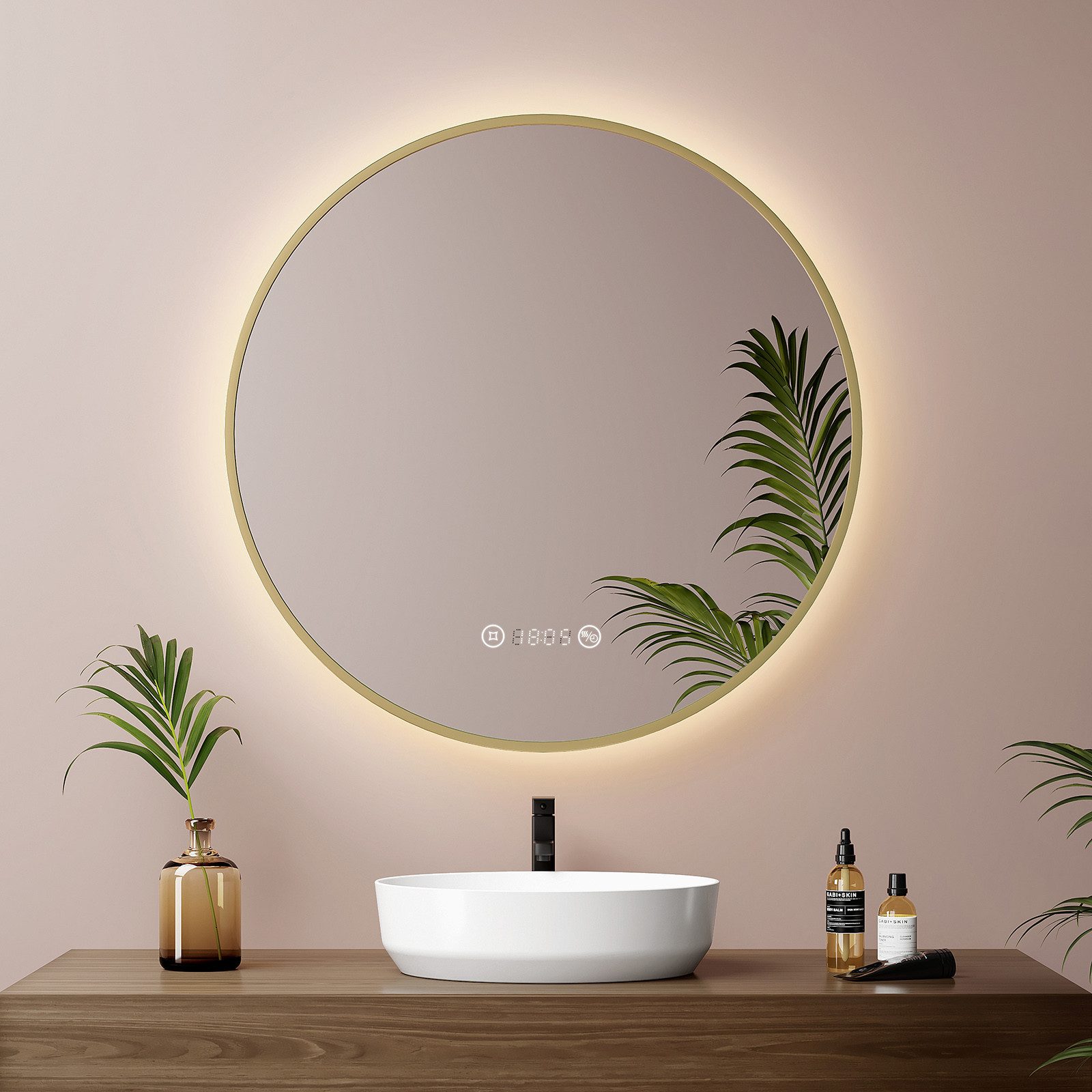 EMKE Badspiegel mit Beleuchtung und Antibeschlag, Uhr & Temperaturanzeige (Modell R9, Touchschalter), Rahmen in Schwarz, Gold gebürstet oder Dunkelgrün