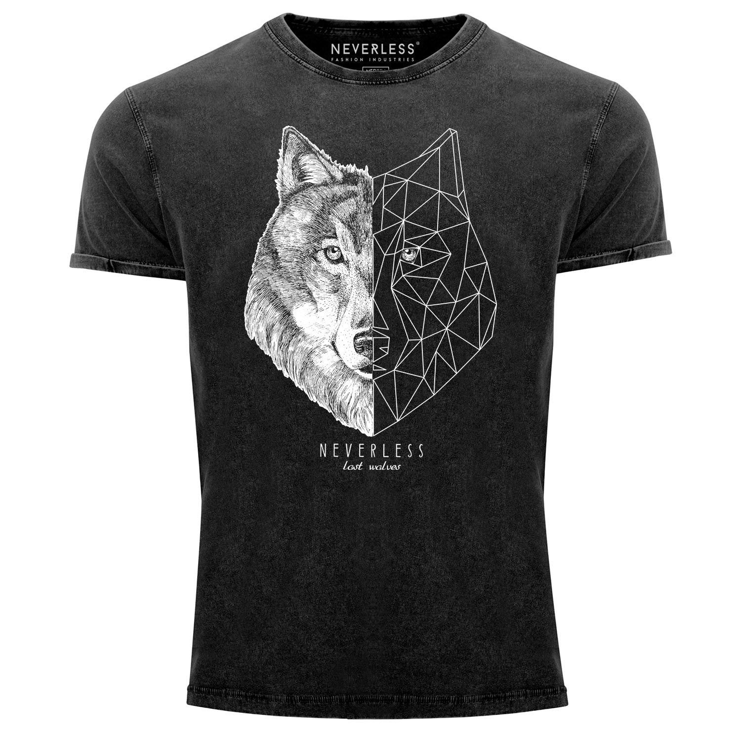 Neverless Print-Shirt Herren Vintage Shirt Wolf Polygon Kunst Grafik Tiermotiv Printshirt T-Shirt Aufdruck Used Look Neverless® mit Print schwarz