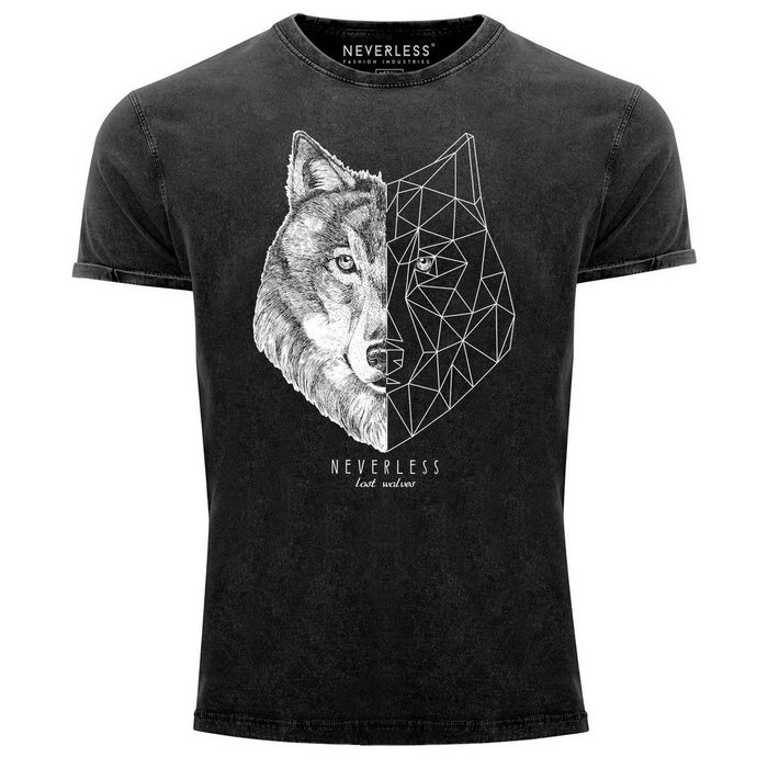 Neverless Print-Shirt Herren Vintage Shirt Wolf Polygon Kunst Grafik Tiermotiv Printshirt T-Shirt Aufdruck Used Look Neverless® mit Print