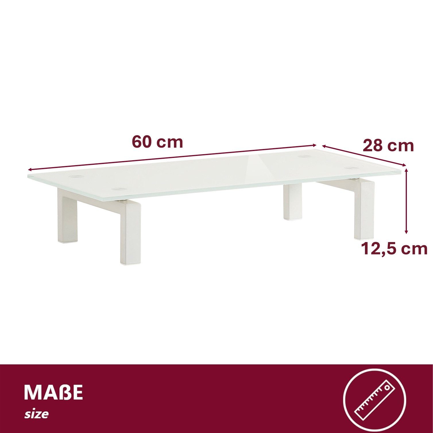 HOOZ TV-Board TV-Board 1602 Weißglas – TV-Tisch aus ESG-Sicherheitsglas 60 x 28 cm (Einzelartikel, 1x TV-Board inklusive Montagematerial und Aufbauanleitung), Modernes TV-Board aus Weißglas mit stabilem Metallgestell