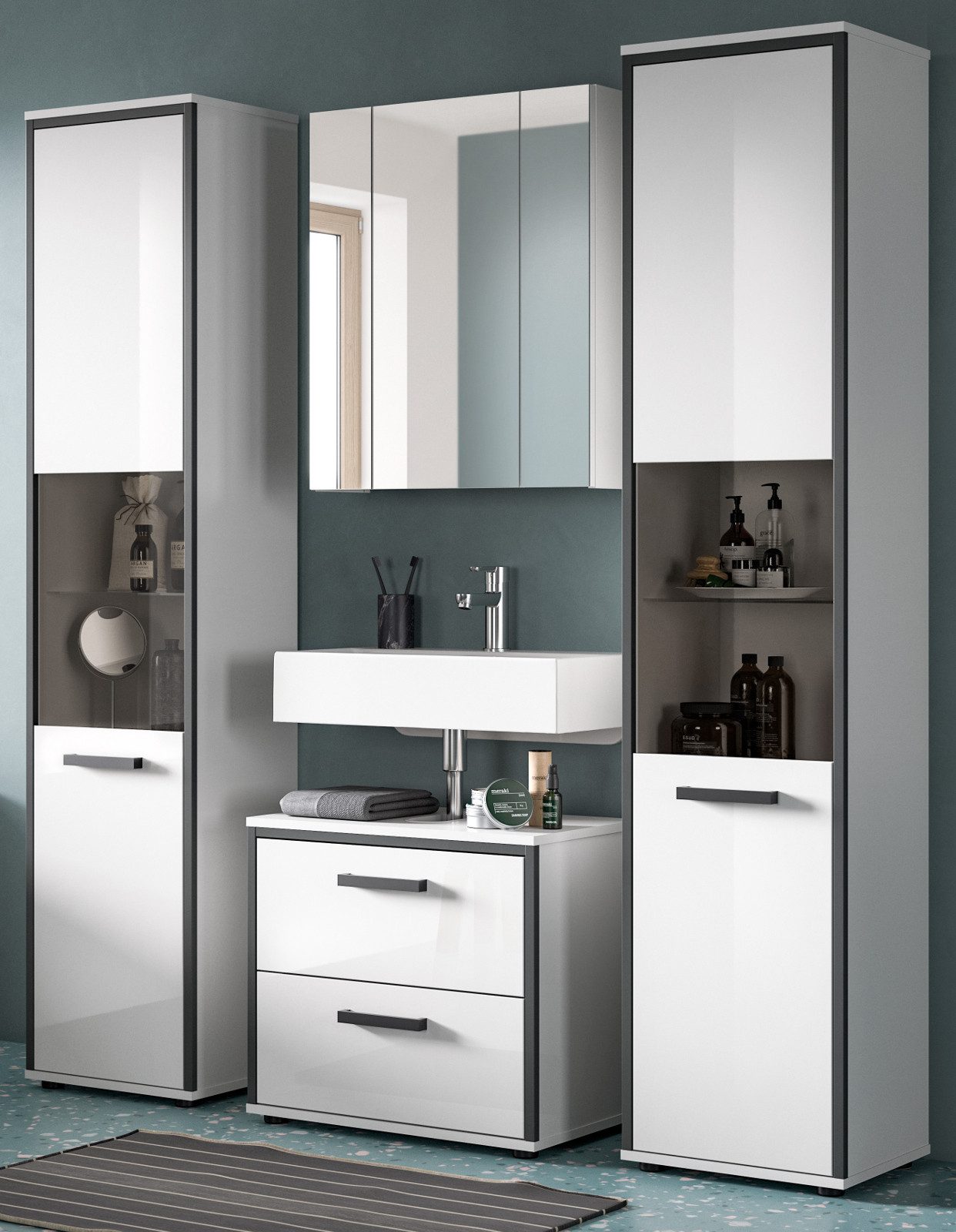 Inn.Furn Badmöbel-Set Telly, (Set in Weiß Hochglanz mit Grau, Badezimmer 4-teilig, 170 x 188 cm), mit 2x Hochschrank für extra viel Stauraum