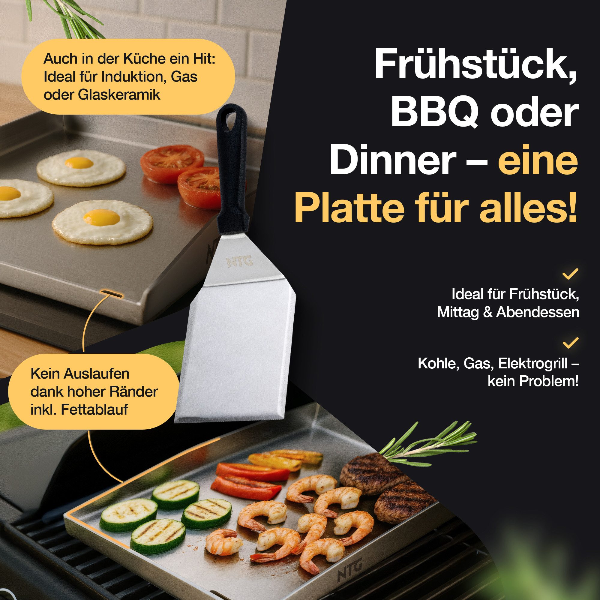 NTG Nutzfahrzeug Technik GmbH Grillplattenaufsatz Plancha Grillplatte Edelstahl 40×30cm Spachtel I Rostfrei+formstabil, Edelstahl – Bild 4 von 5