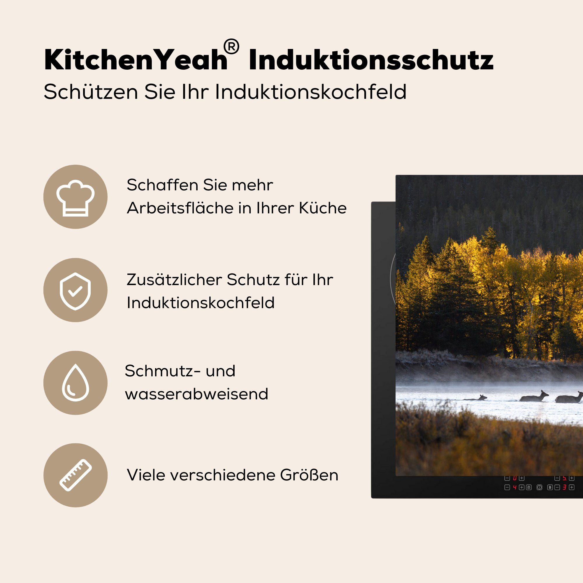 cm, Herdblende-/Abdeckplatte Hirsch küche, die MuchoWow tlg), Vinyl, 81x52 - Fluss, Induktionskochfeld Wald - (1 Ceranfeldabdeckung für Schutz