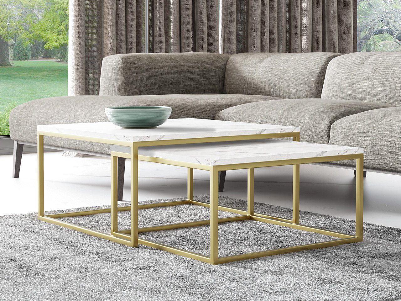 MIRJAN24 Couchtisch Dual Gold (2er-Set), Gold Marmor Vierkantrohrrahmen / Bianco aus Stahl, gold pulverbeschichtet