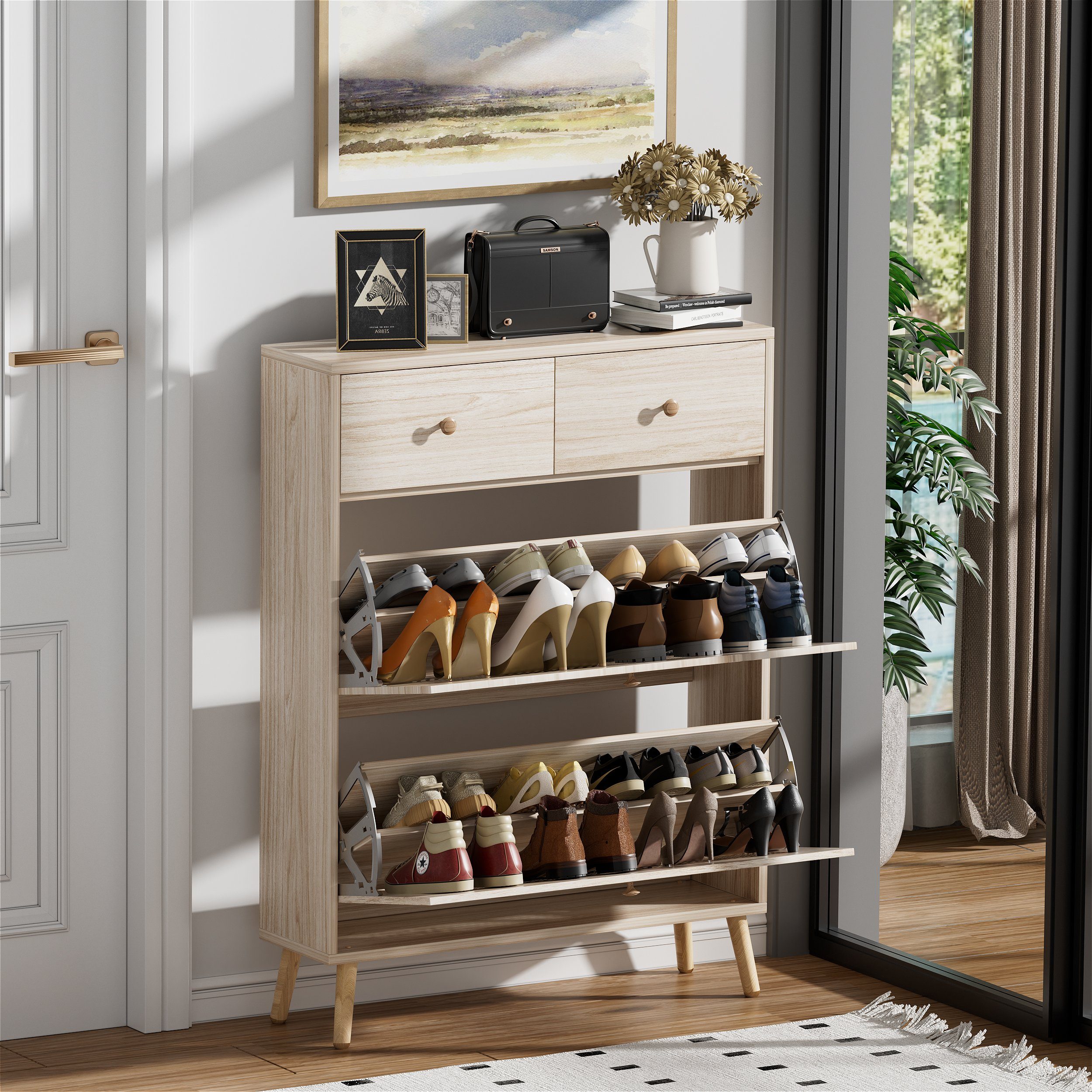 Schuhschrank Im Bauernhaus-Design Mit 2 Klapptüren - Schmal, Für Bis Zu 16 Paar Schuhe, Farbe Walnuss
