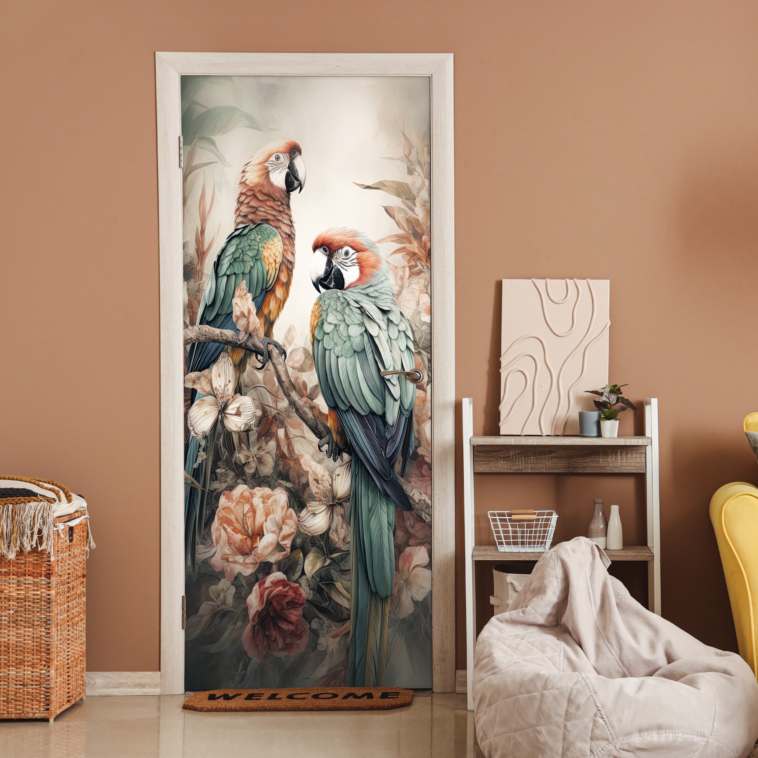 MuchoWow Türtapete Papageien - Vögel - Natur - Blumen, Matt, bedruckt, (1 S günstig online kaufen