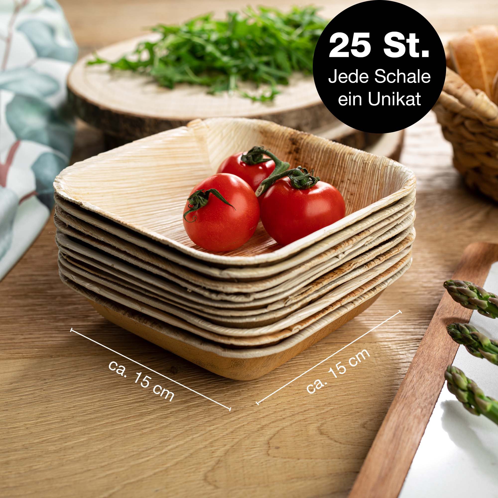 Moritz & Moritz Einweggeschirr-Set 25tlg Palmblatt Schüssel Eckig 15x15cm (25-tlg), 25 Personen, Palmblatt, Birkenholz, 25x25cm