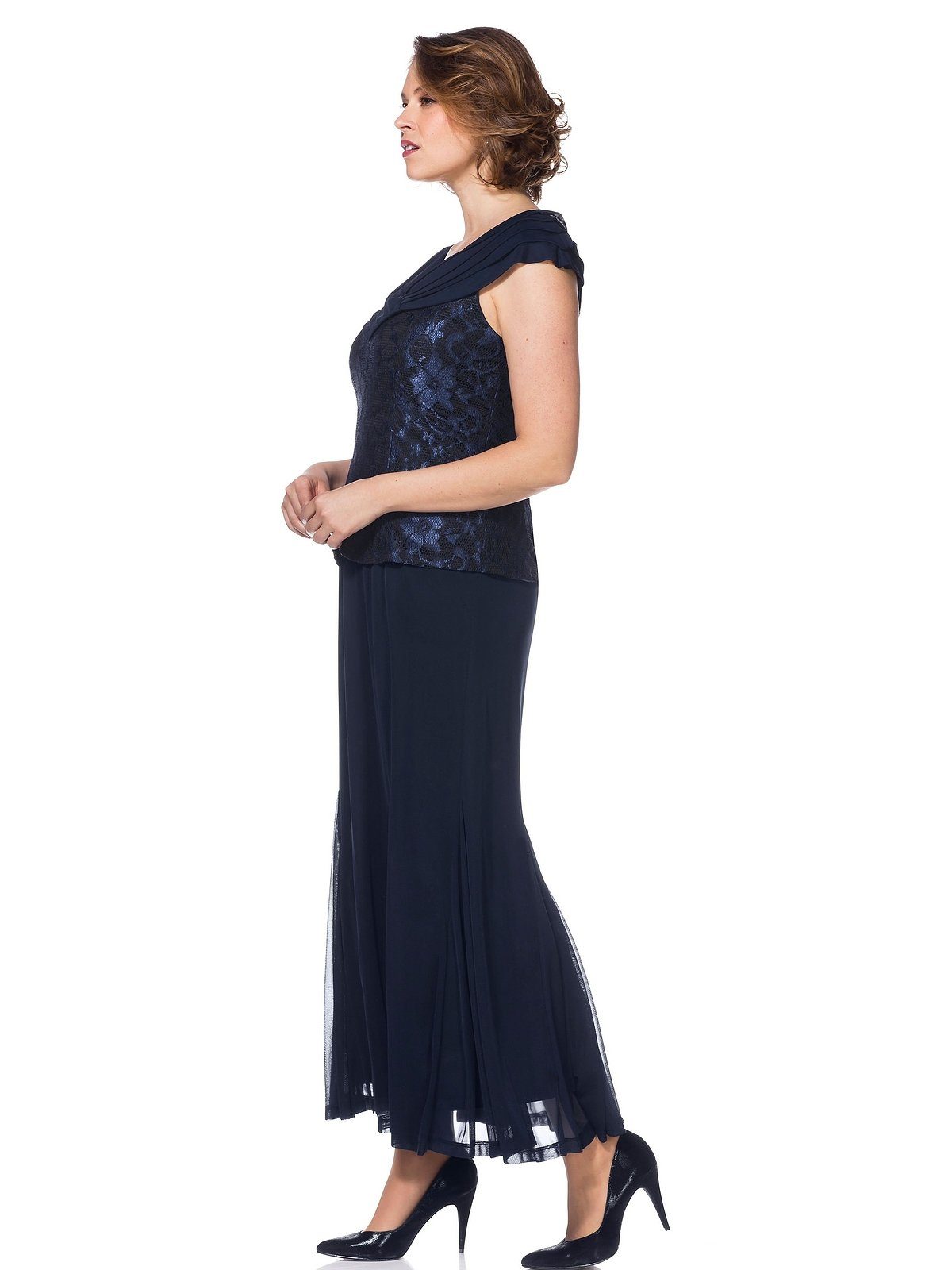 Sheego Abendkleid Große Größen mit Spitze und Schalkragen blau