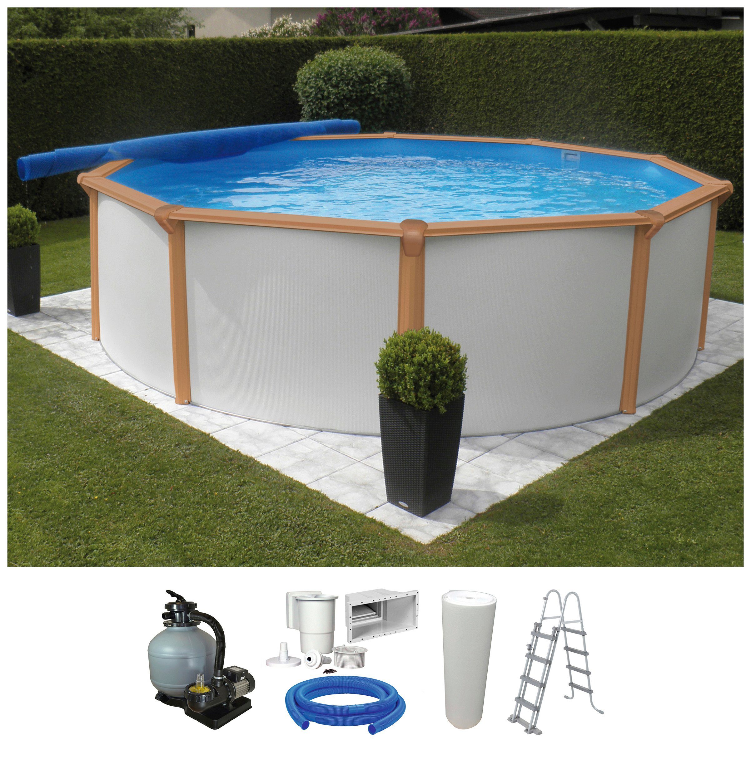 KWAD Rundpool White Timber inkl. Sicherheitsleiter und Zubehör (Set, 5-tlg), 5-tlg 3,6, 5,5 oder 4,6 m Durchmesser, Höhe: 1,32m, mit blauer Folie