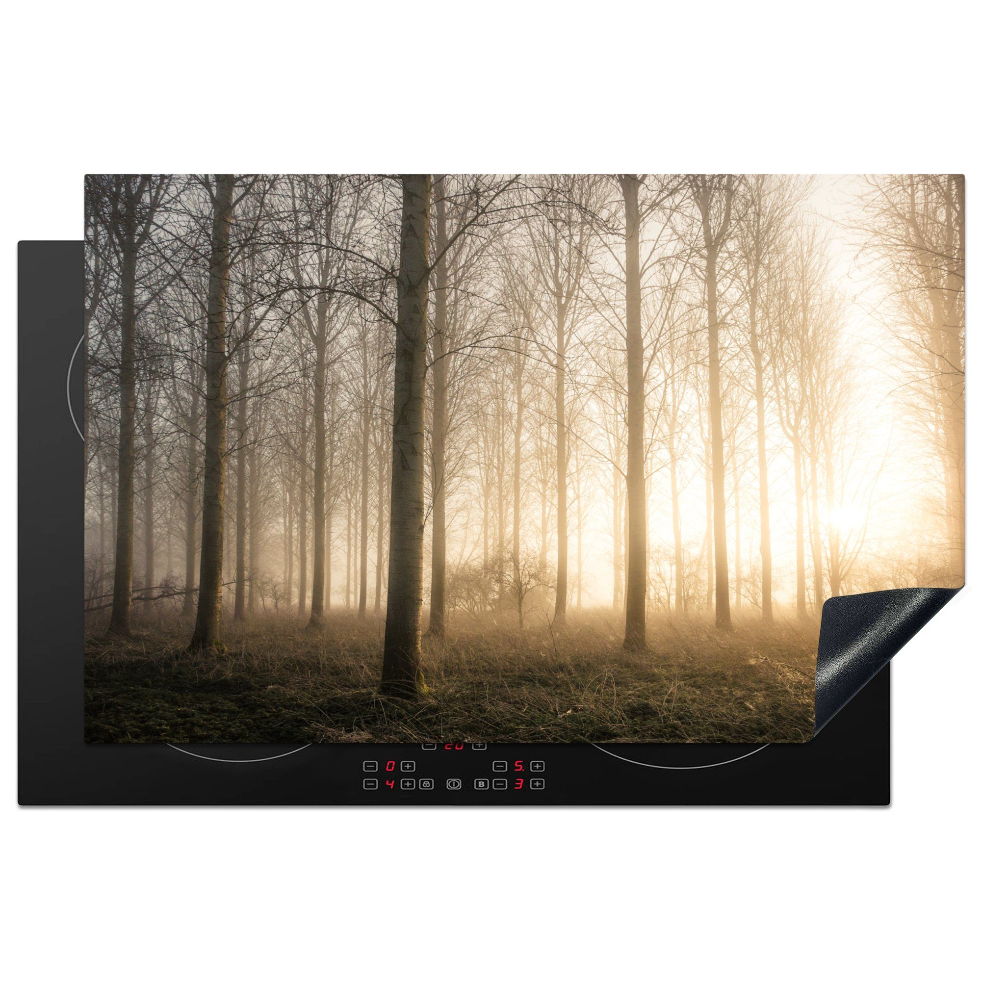 MuchoWow Herdblende-/Abdeckplatte Wald - Sonne - Nebel, Vinyl, (1 tlg), 81x52 cm, Induktionskochfeld Schutz für die küche, Ceranfeldabdeckung