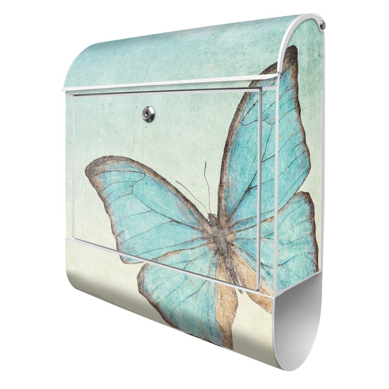 banjado Wandbriefkasten (Wandbriefkasten Zeitungsfach), witterungsbeständig, Schmetterlinge 14cm Blaue mit x Stahl 47 weiß x 39 pulverbeschichtet