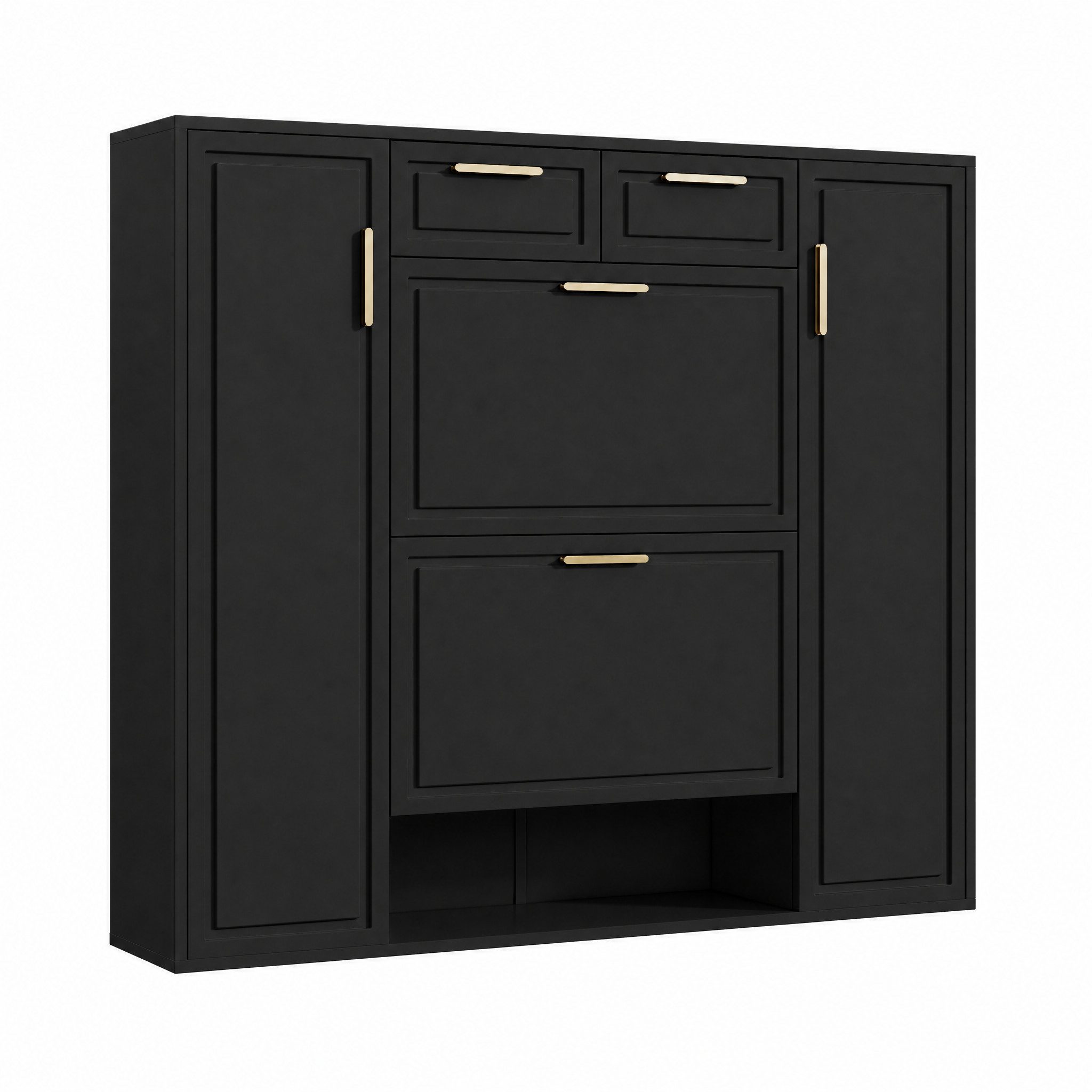 Flieks Schuhschrank Schuhkommode mit 2 Klappen, verstellbaren Einlegeböden & 2 Schubladen (1-St., B120/T24/H107 cm) Schuhkipper Schuhregal mit goldenen Metallgriffe und 7 Fächer, Schwarz
