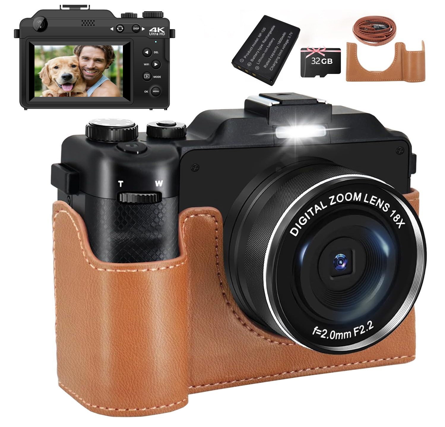 HT Kompaktkamera (inkl. Digitalkamera doppelt 48MP, 4K-Video, 18x Zoom, Anti-Schüttel 3D-Sound Kompaktkamera, mit Ledertasche)