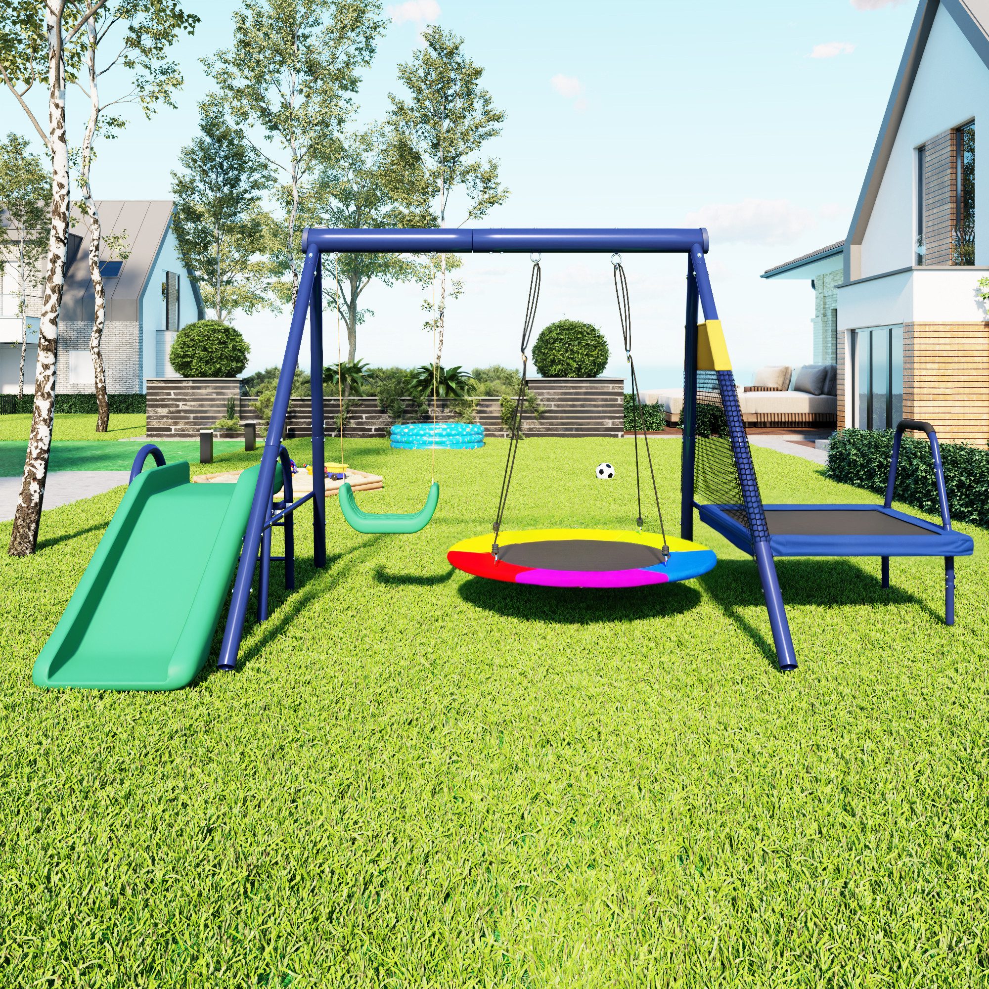 Flieks Spielturm, 4-in-1 Schaukel-Set mit 2 Kinderschaukel Rutsche und Trampolin
