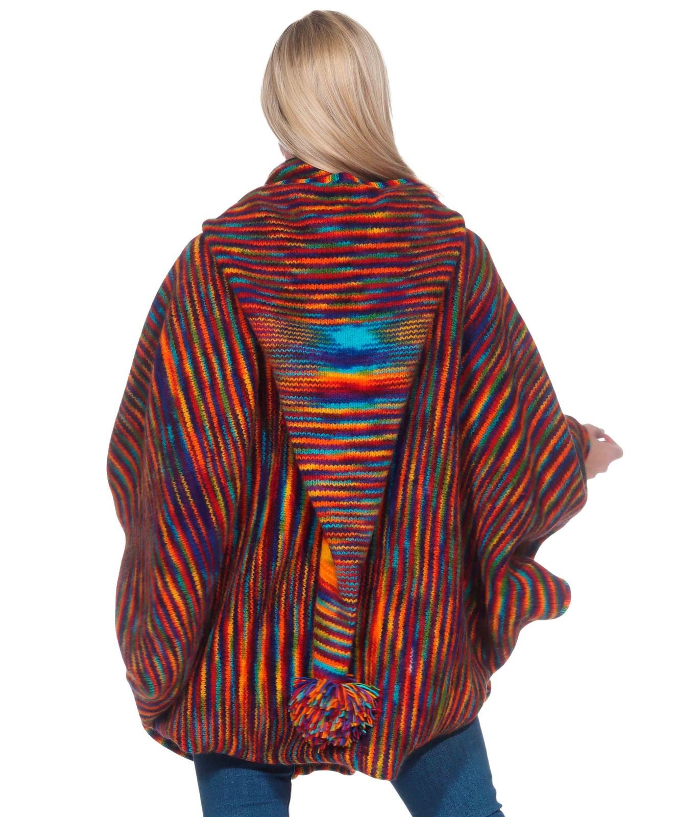 KUNST UND MAGIE Strickcape Strick Poncho+Zipfelkapuze Umhang Cape Jacke Winter Mantel Regenbogen