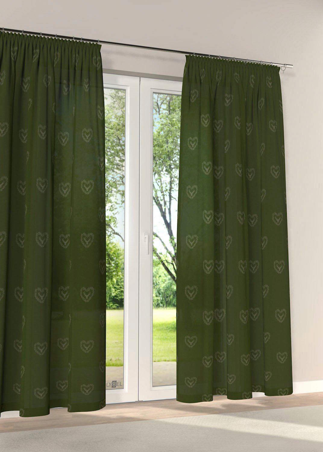 Hirsch, St), blickdicht grün Plauen, Kräuselband dunkelgrün, Vorhang (1 Stickereien