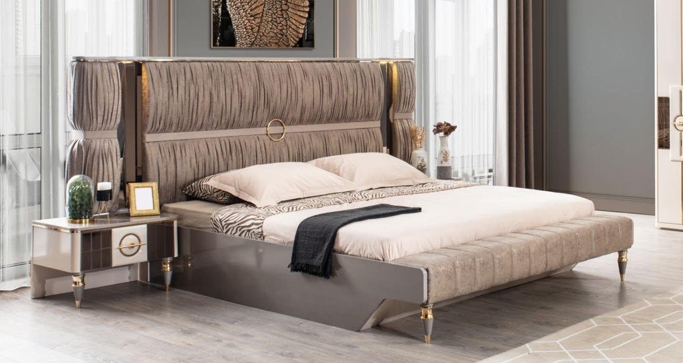 Schlafzimmer-Set 3tlg, JVmoebel Schlafzimmer Doppelbett Set (3-St) Holz Luxus Bett Garnitur Beige Modern