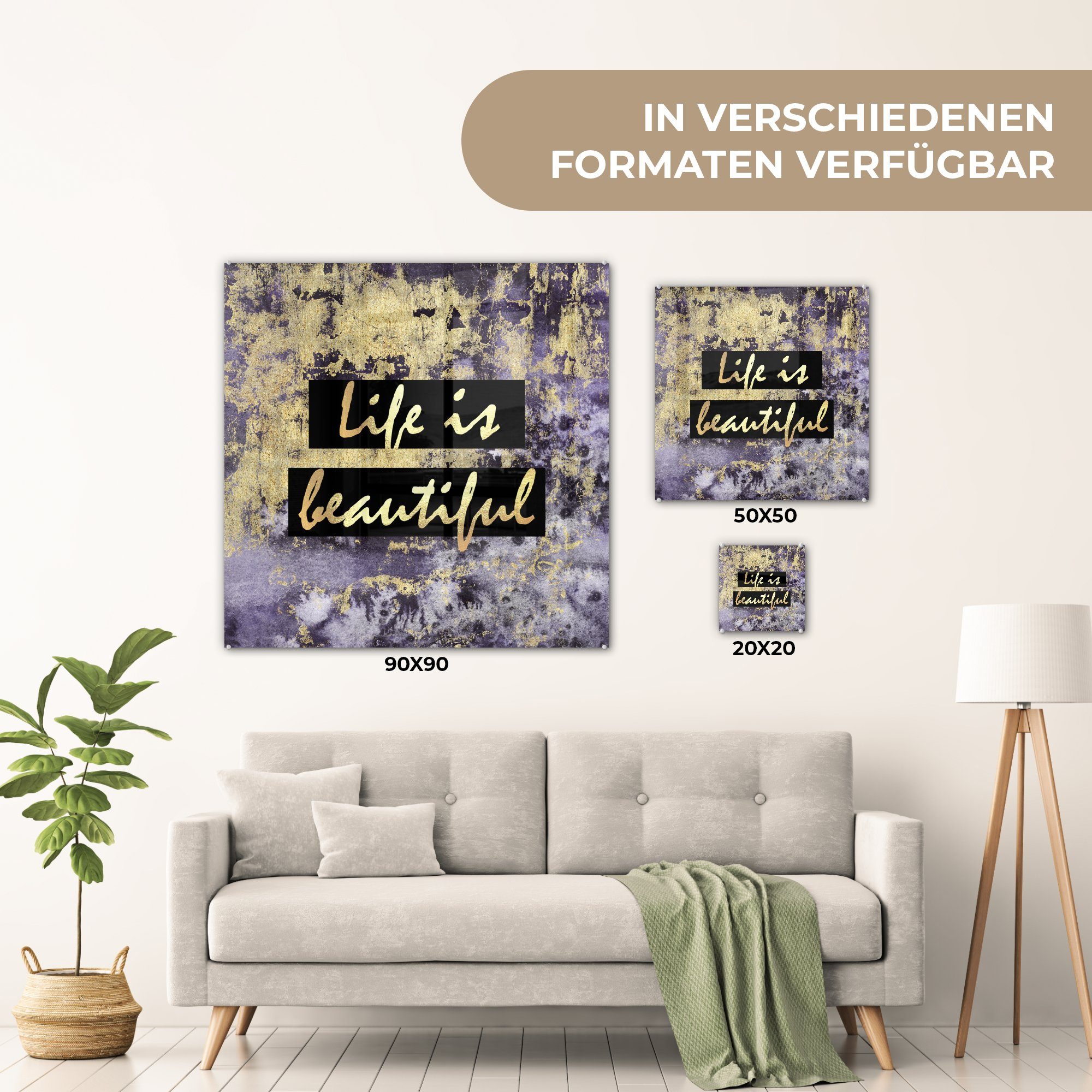 Glasbilder Acrylglasbild Wanddekoration (1 Glas - Glas Wandbild - Gold Foto Lila, auf St), MuchoWow auf Leben - - - - Zitat Bilder